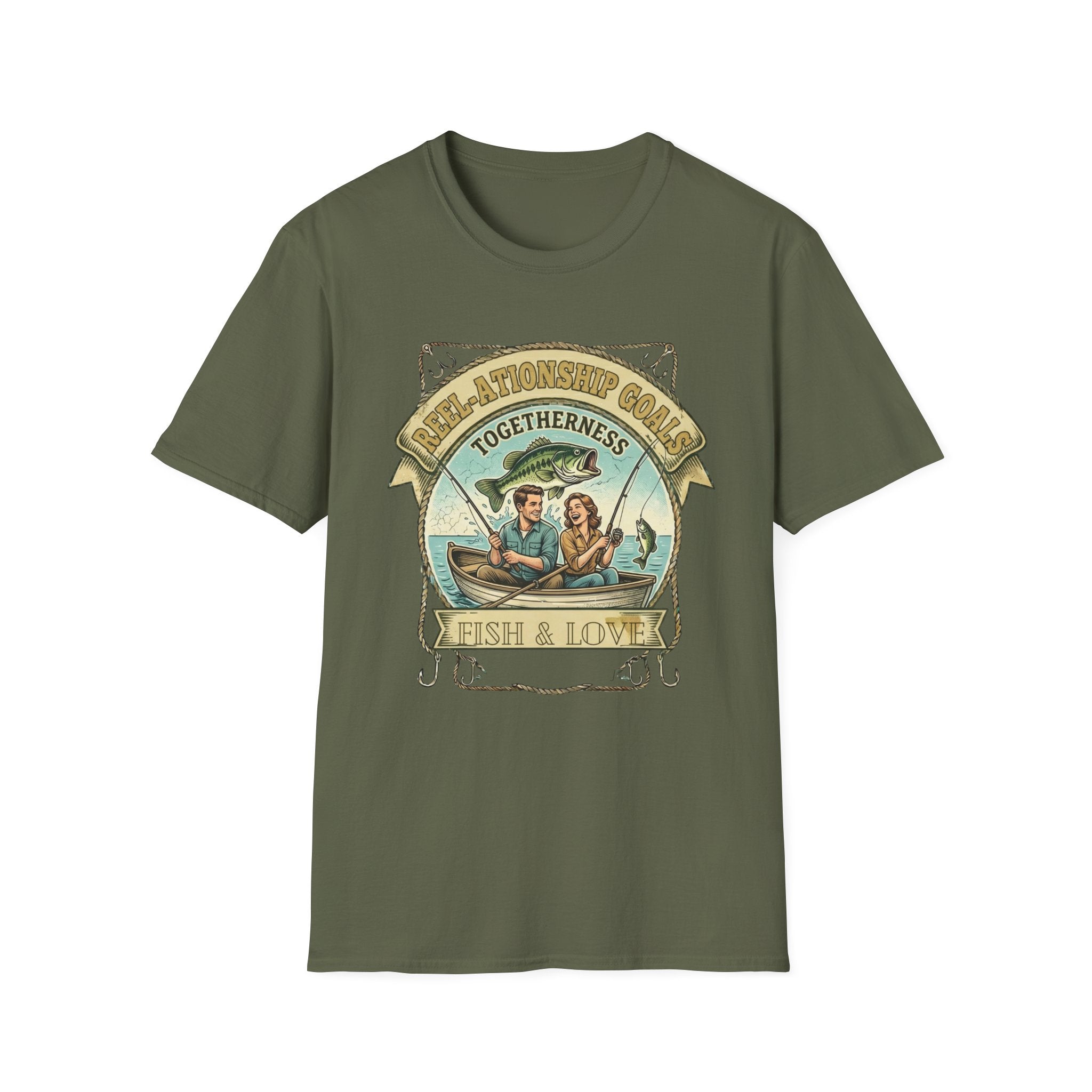 Togetherness Cottagecore Fishing Couple T-Shirt | Fish & Love Vintage Design