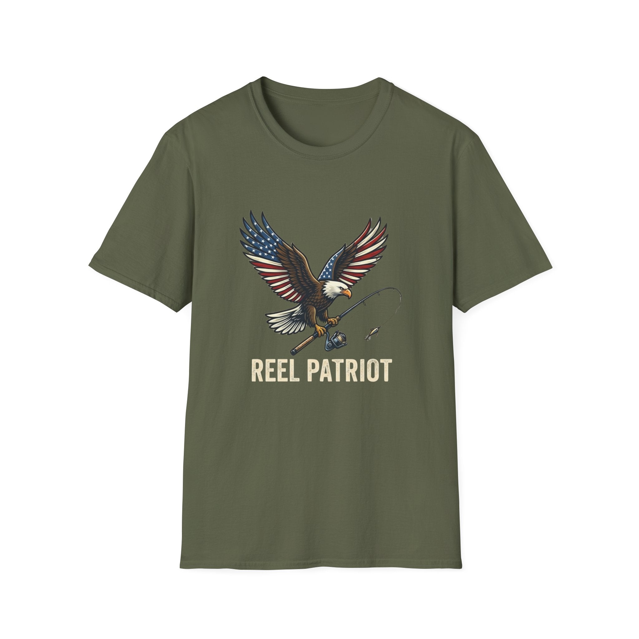 Reel Patriot eagle fishing T-Shirt | American flag wings, fishing rod