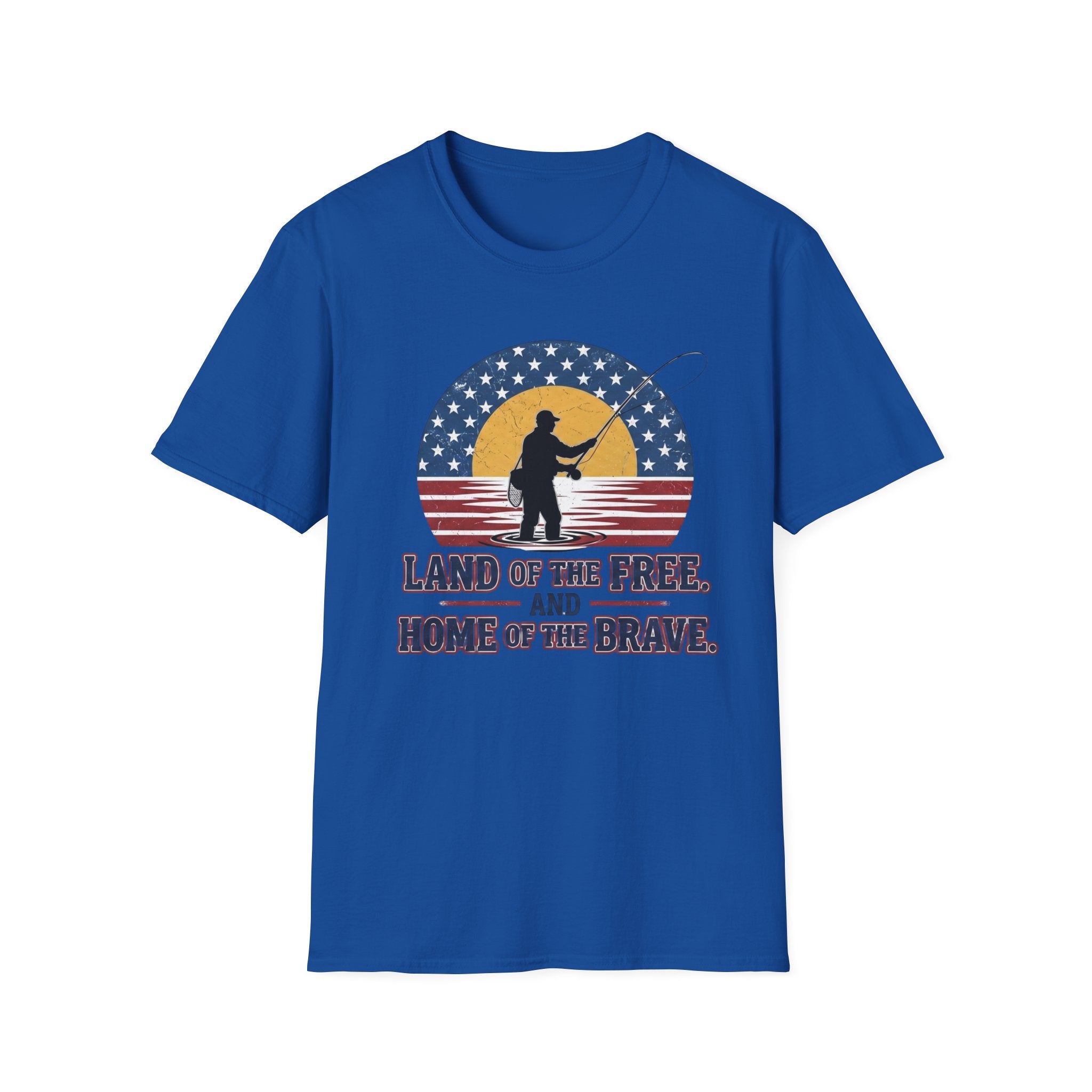 Patriotic Fisherman silhouette Land of the Free T-Shirt | American flag sunset design
