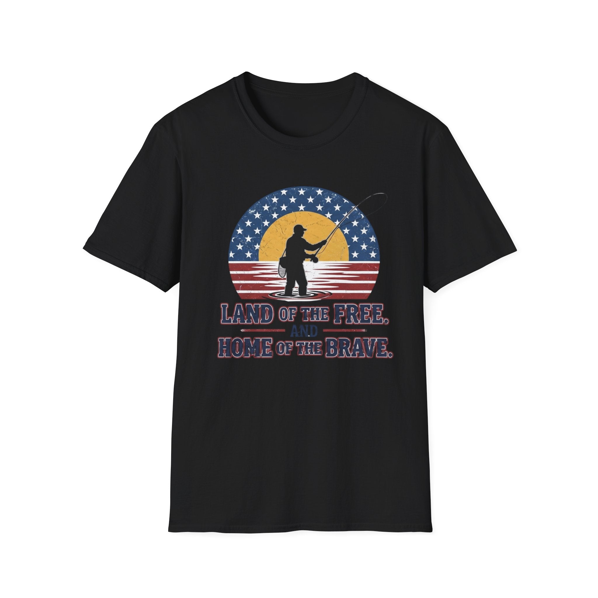 Patriotic Fisherman silhouette Land of the Free T-Shirt | American flag sunset design