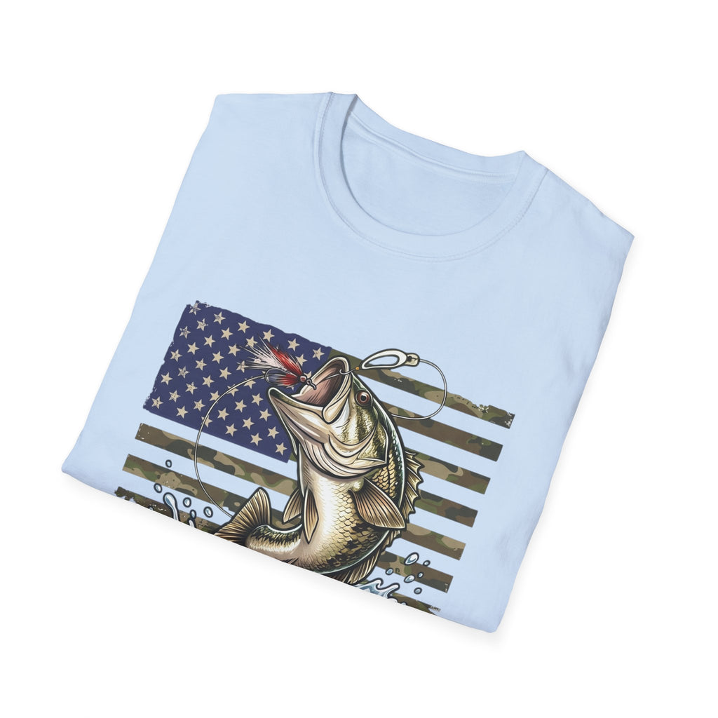 Jumping Bass with American Flag T-Shirt | Fishing Graphic Tee