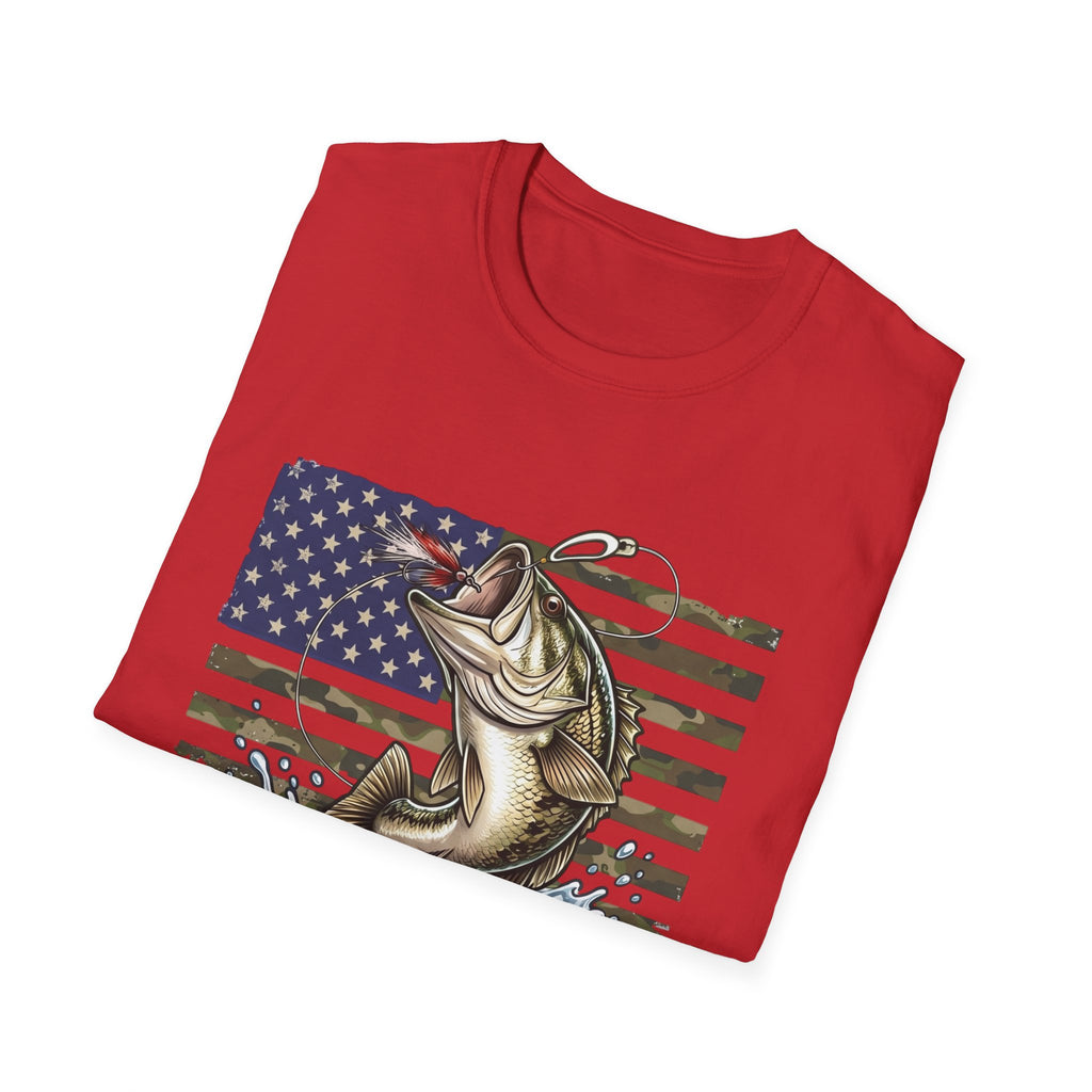 Jumping Bass with American Flag T-Shirt | Fishing Graphic Tee