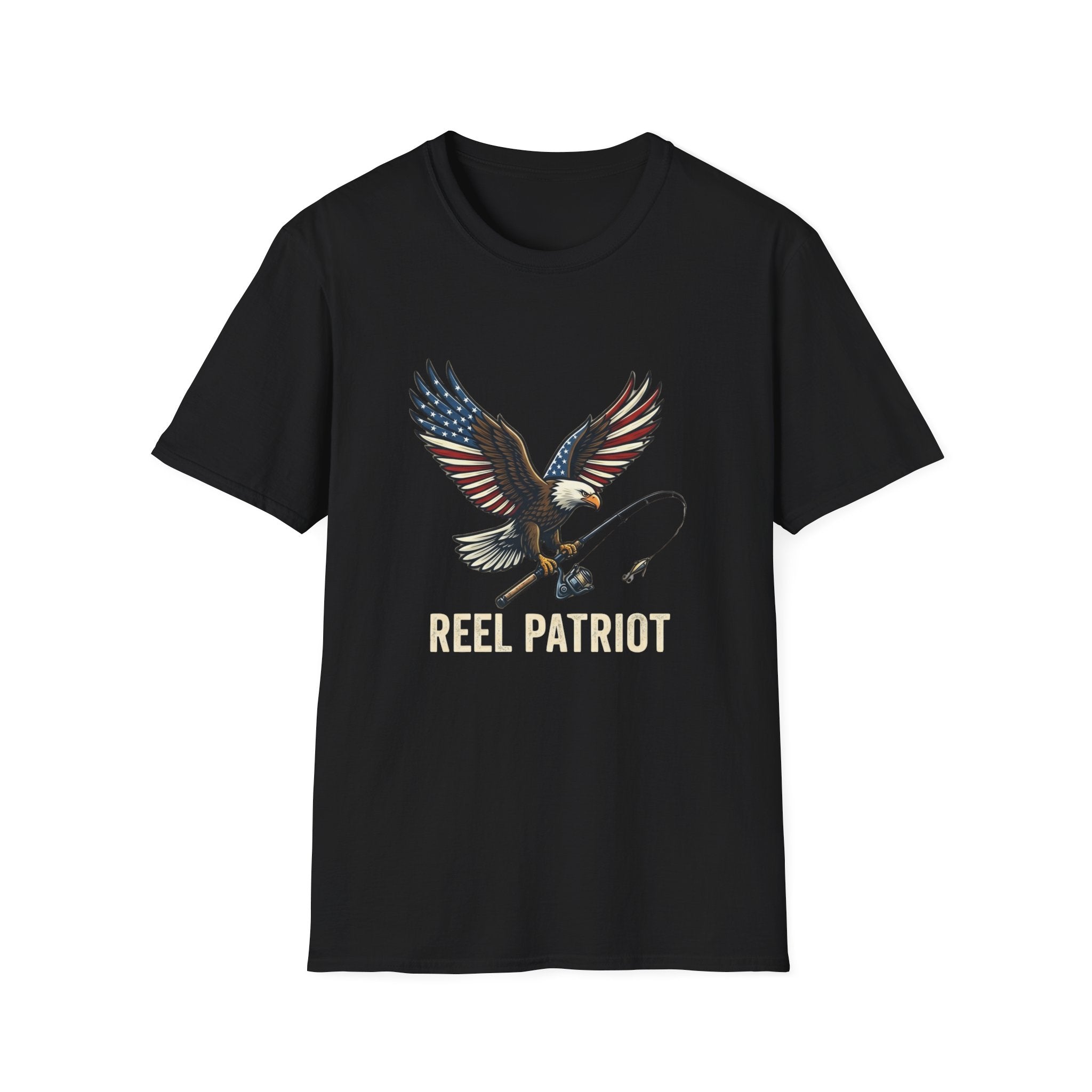 Reel Patriot eagle fishing T-Shirt | American flag wings, fishing rod