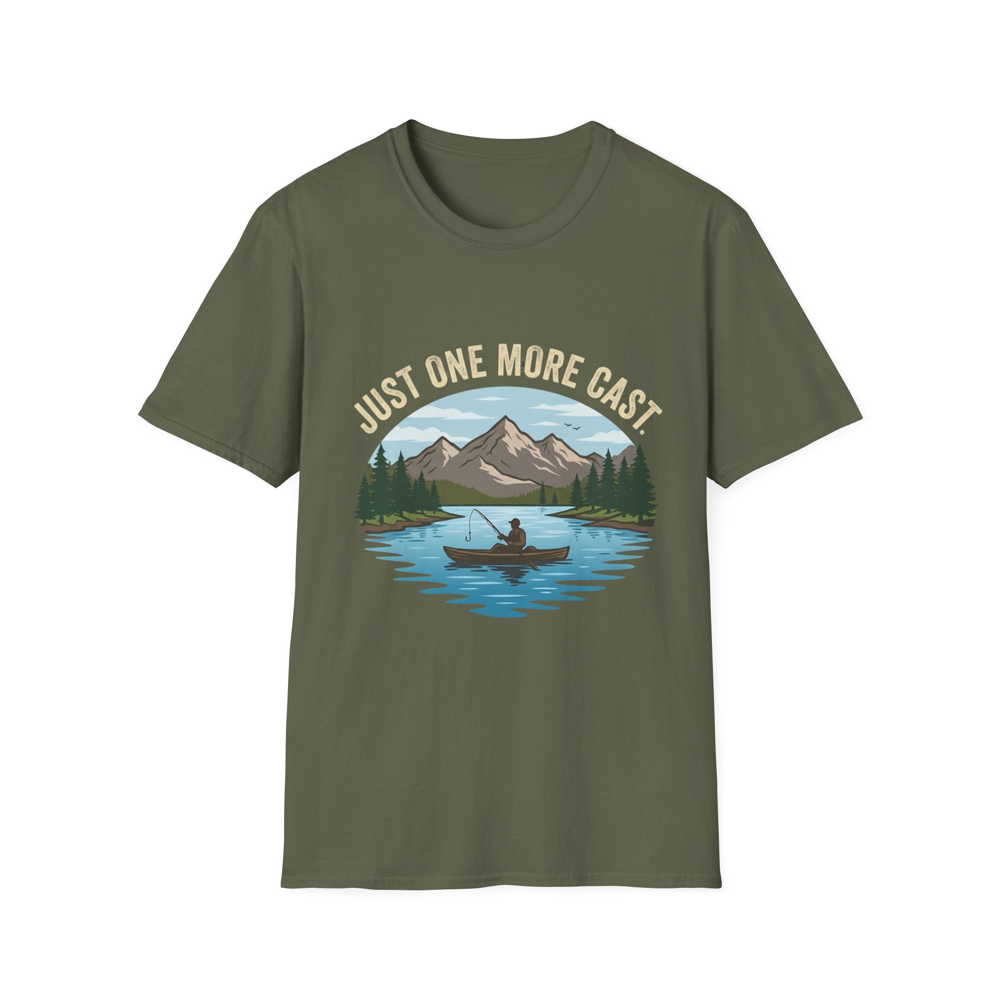Just One More Cast fishing lake mountain T-Shirt | canoe angler outdoors design