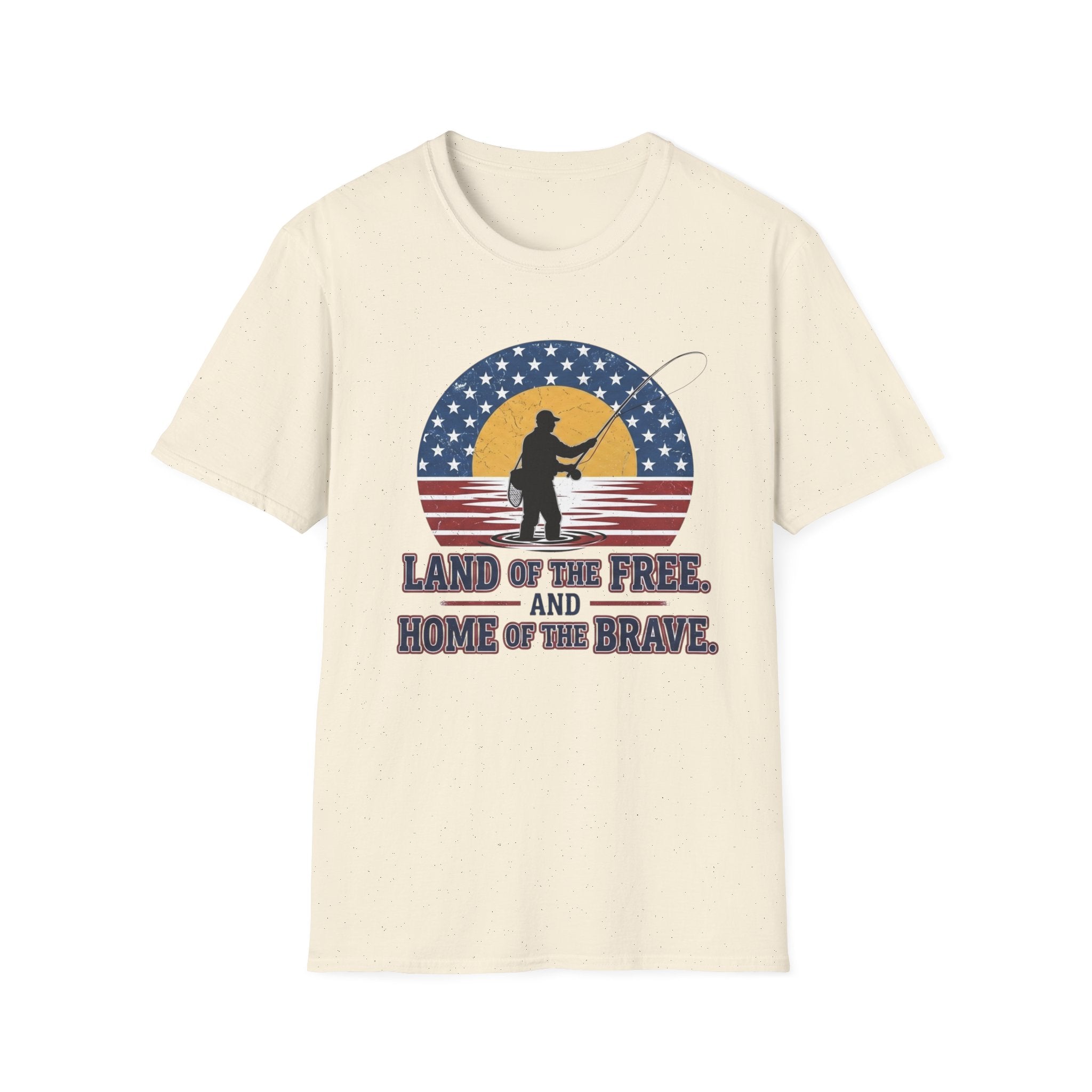 Patriotic Fisherman silhouette Land of the Free T-Shirt | American flag sunset design