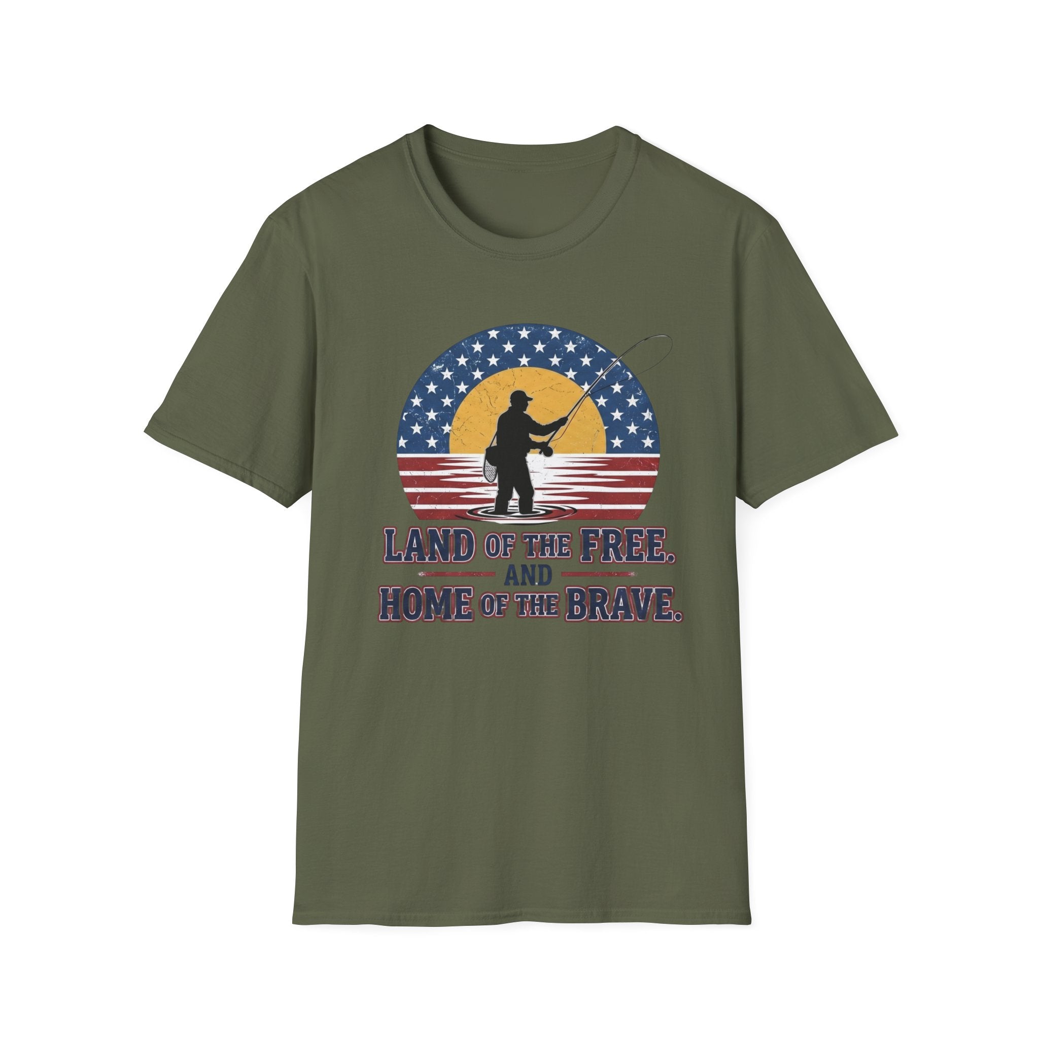 Patriotic Fisherman silhouette Land of the Free T-Shirt | American flag sunset design