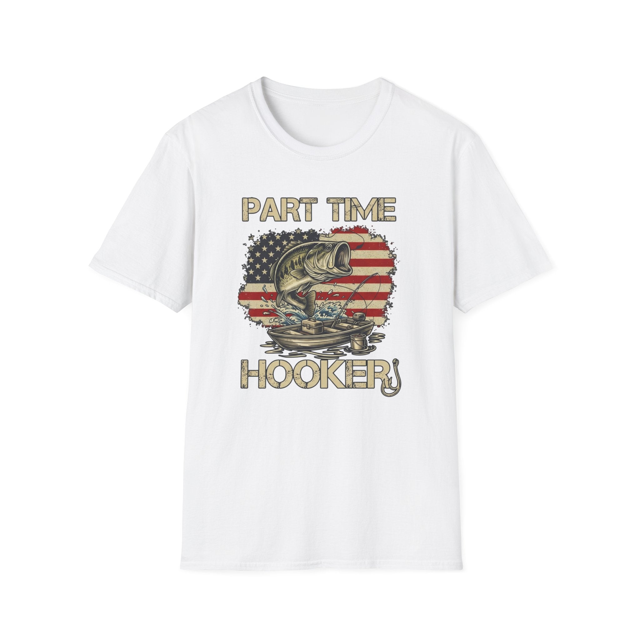 Part Time Hooker fishing shirt | Bass, American flag backdrop