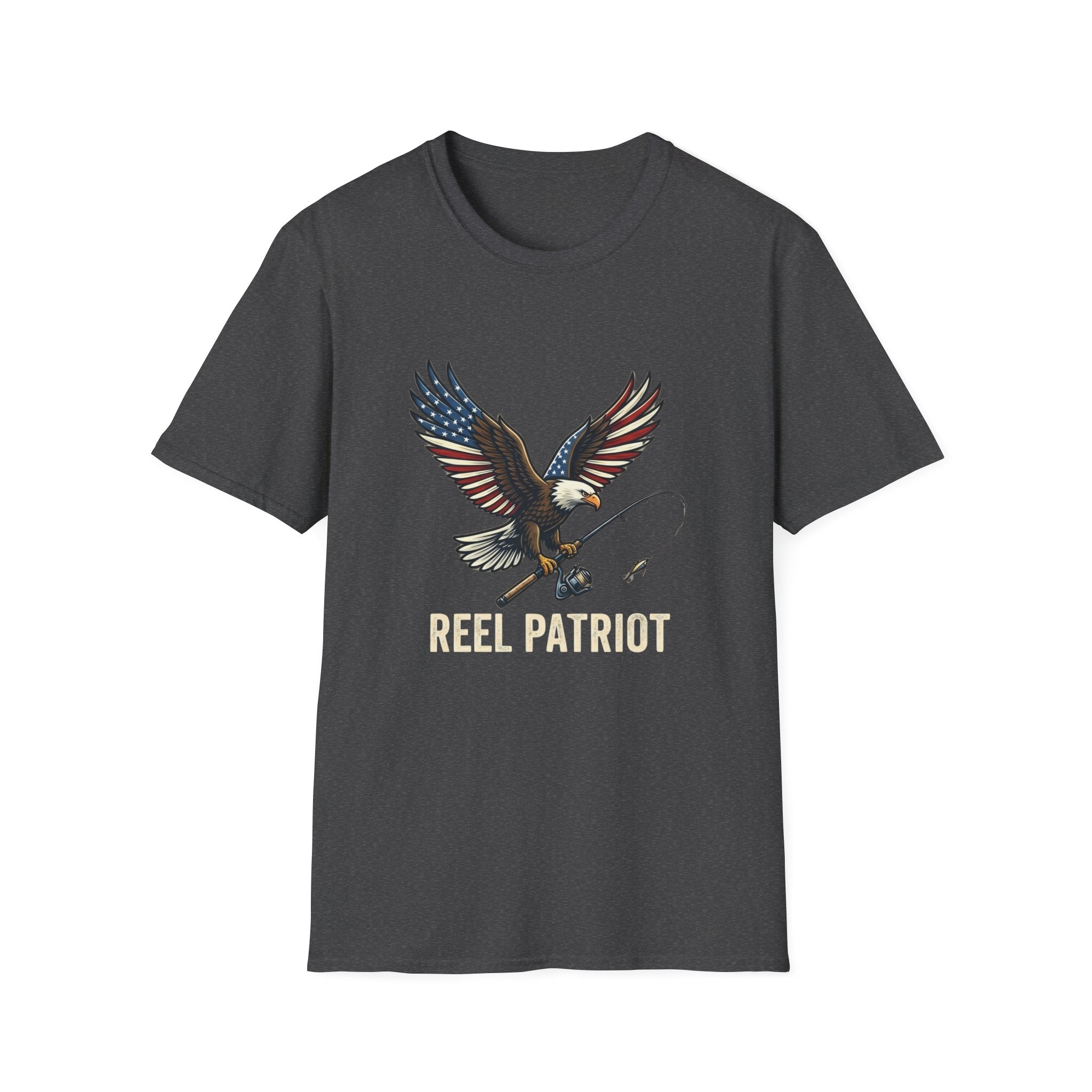 Reel Patriot eagle fishing T-Shirt | American flag wings, fishing rod