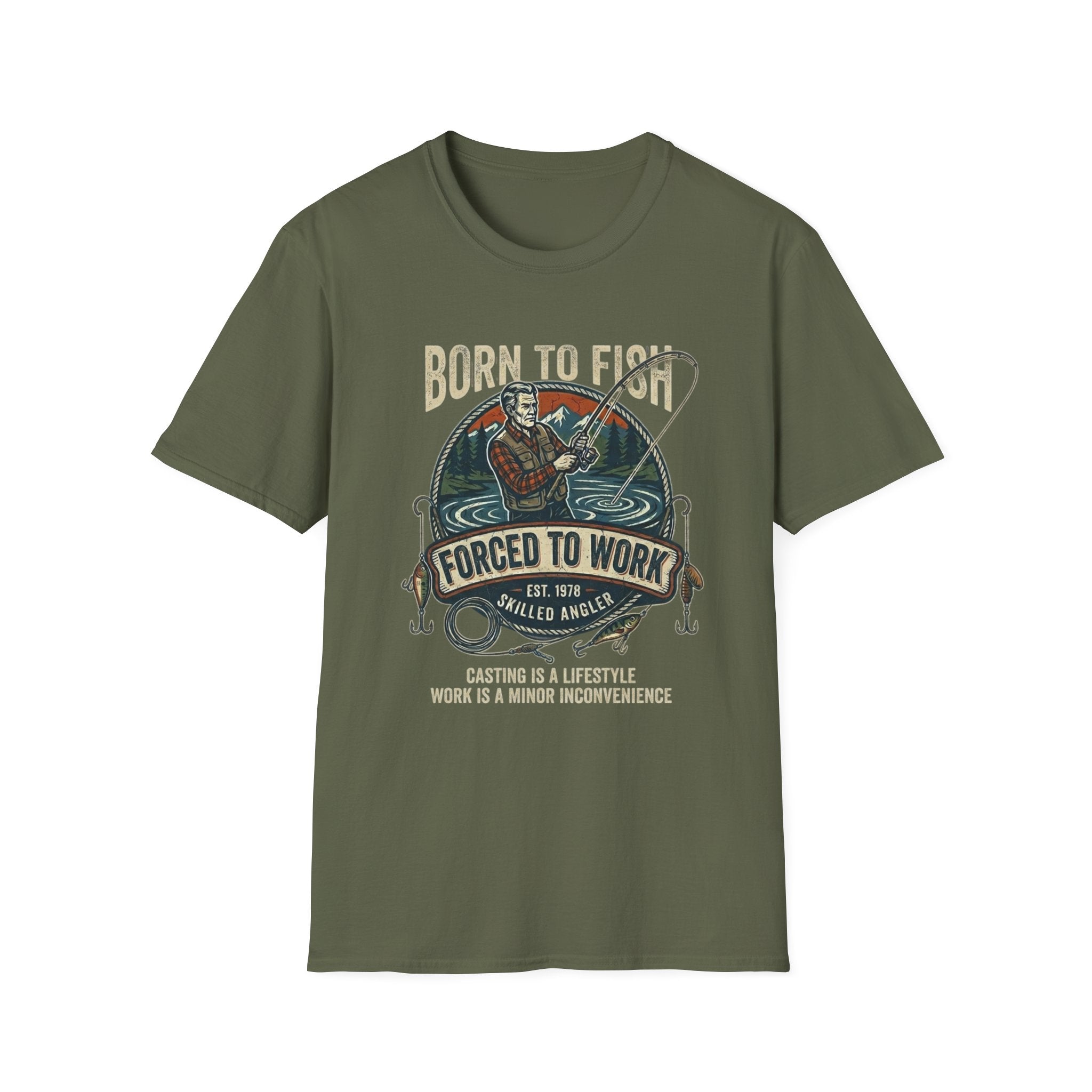 Born to Fish Forced to Work T-Shirt | Fishing Graphic Tee, Angler Humor