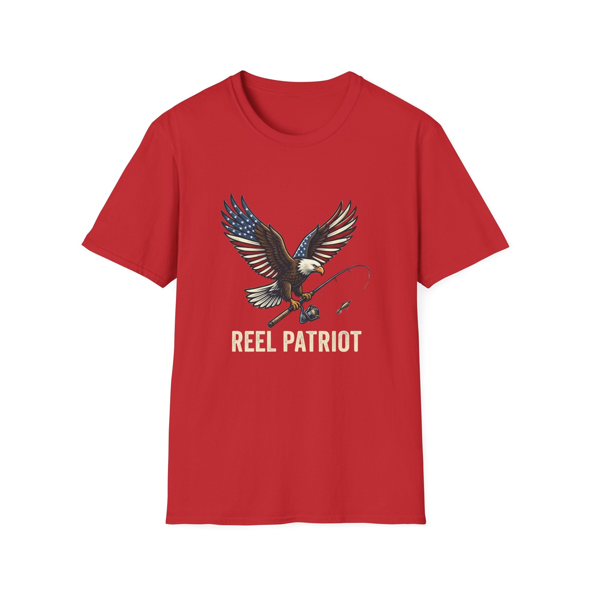 Reel Patriot eagle fishing T-Shirt | American flag wings, fishing rod