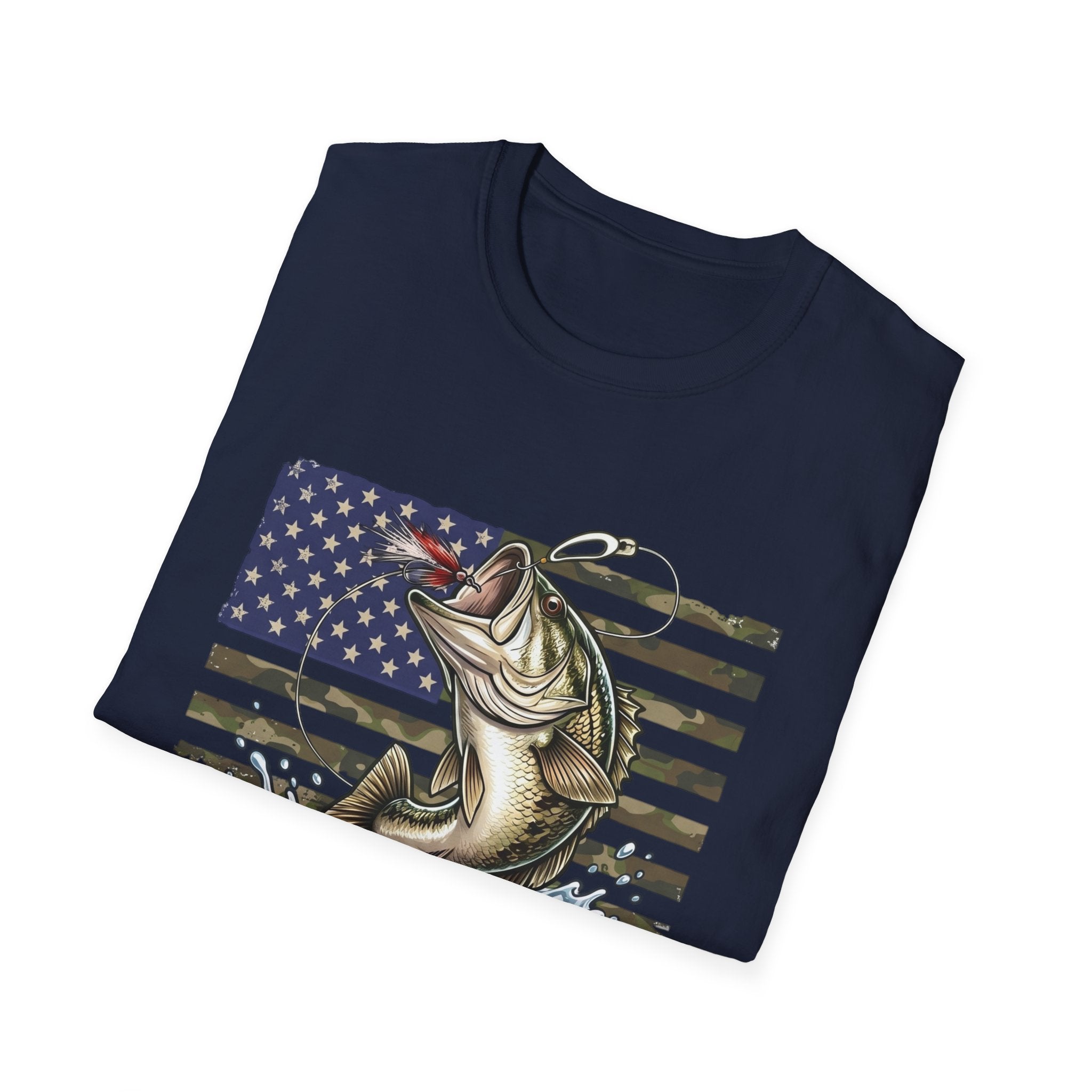 Jumping Bass with American Flag T-Shirt | Fishing Graphic Tee