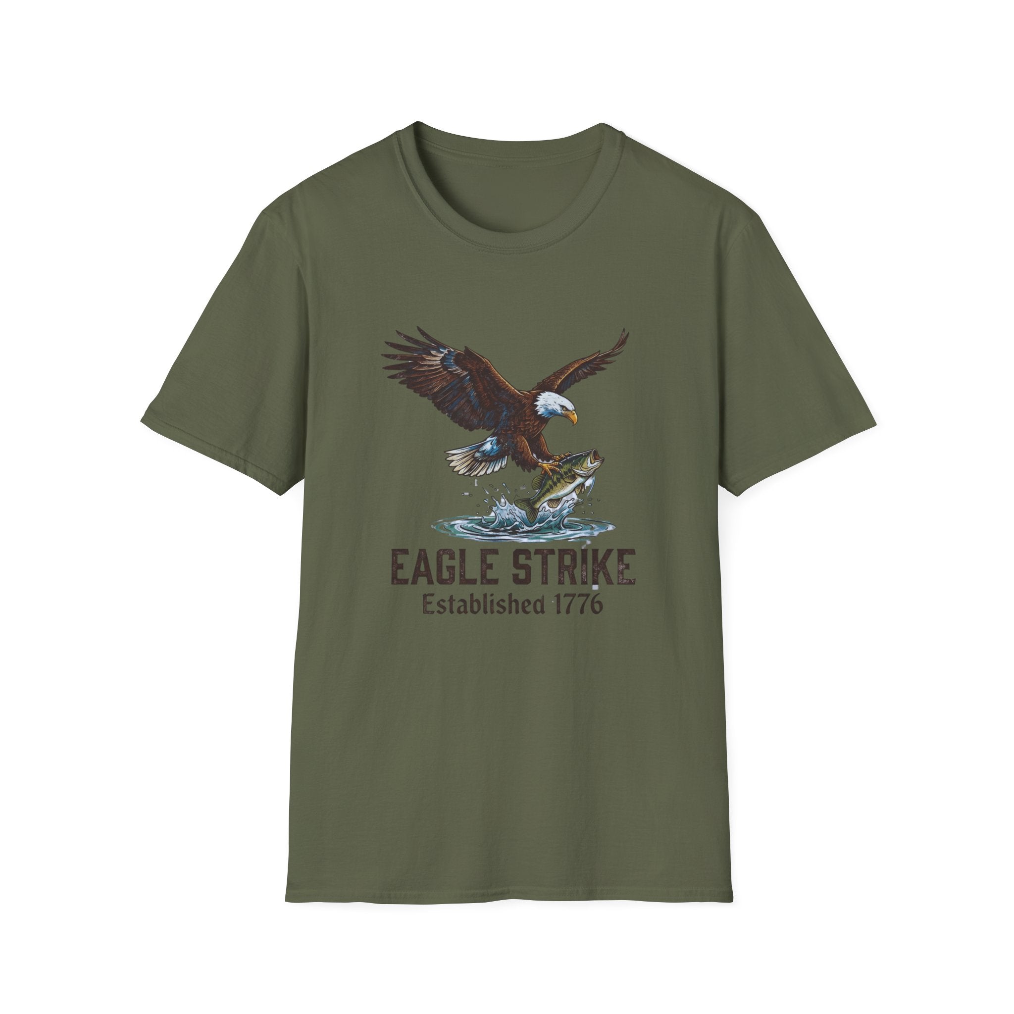 Eagle Strike graphic T-Shirt | Bald Eagle catching fish, Established 1776 design