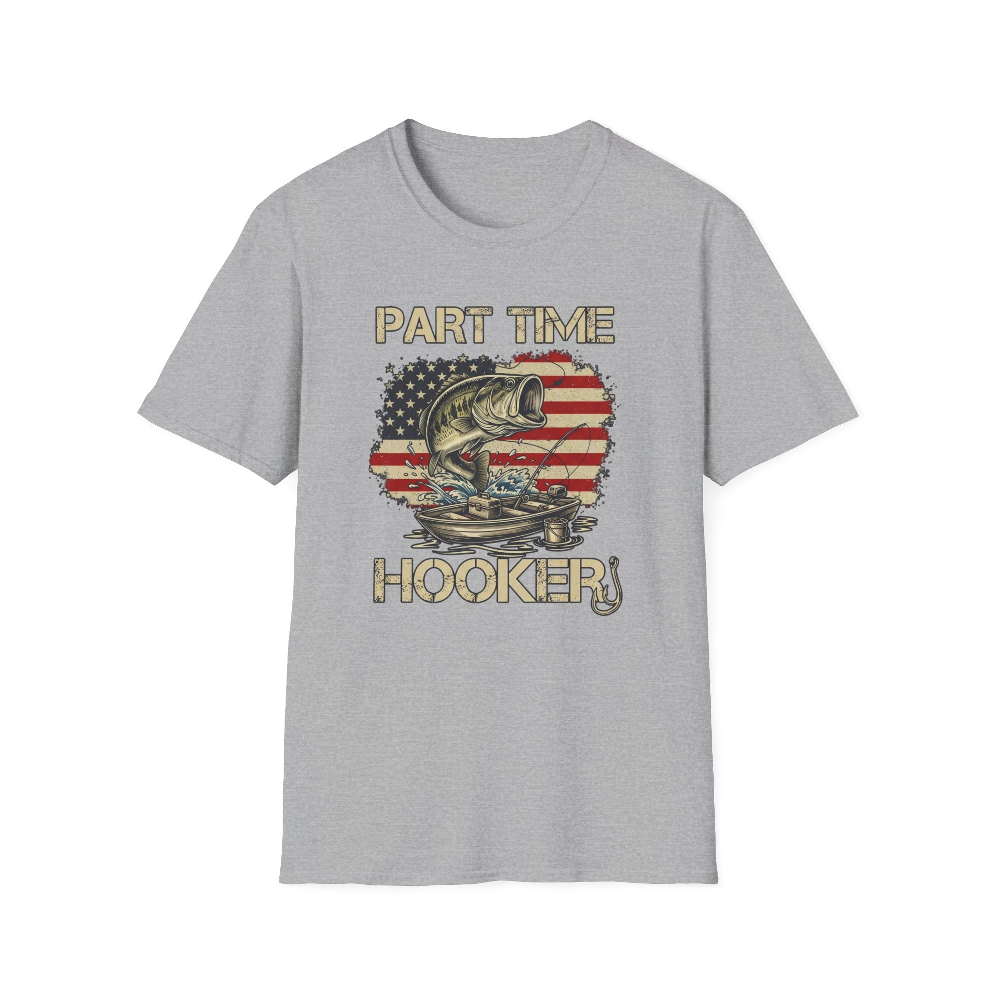 Part Time Hooker fishing shirt | Bass, American flag backdrop
