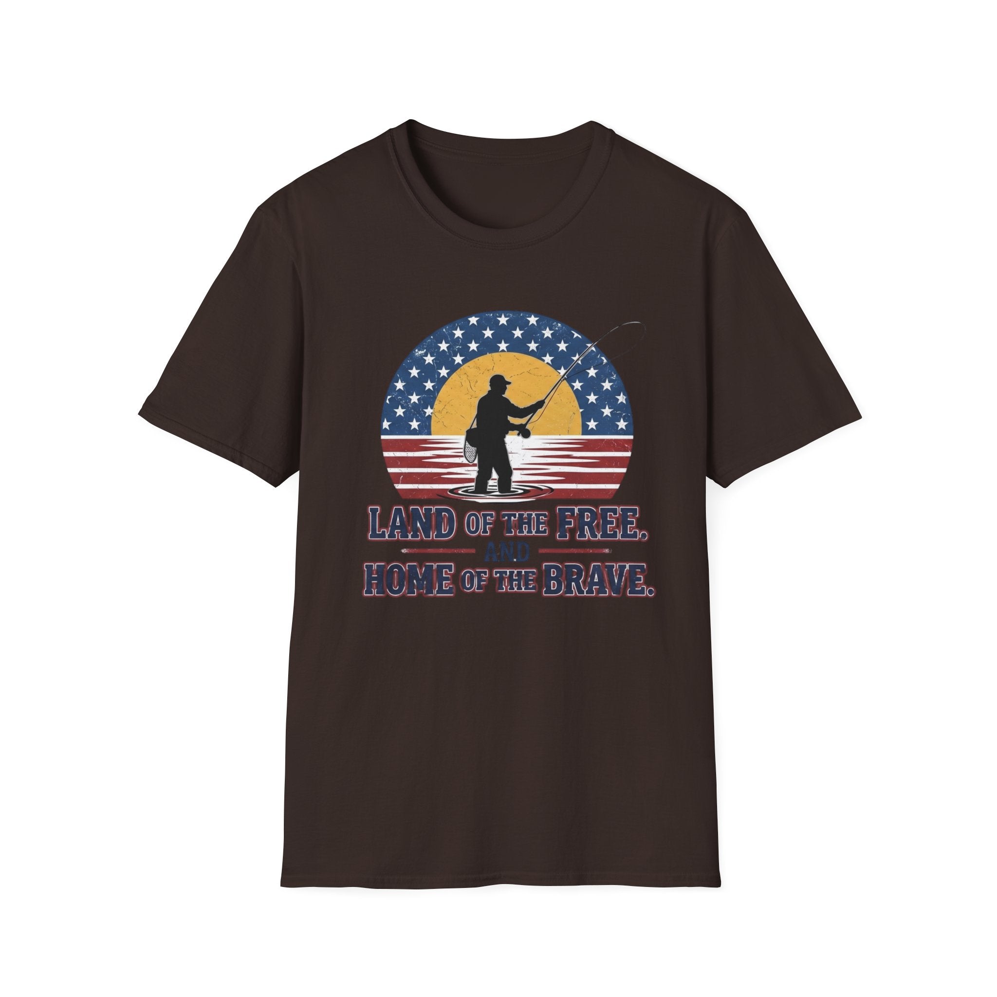 Patriotic Fisherman silhouette Land of the Free T-Shirt | American flag sunset design