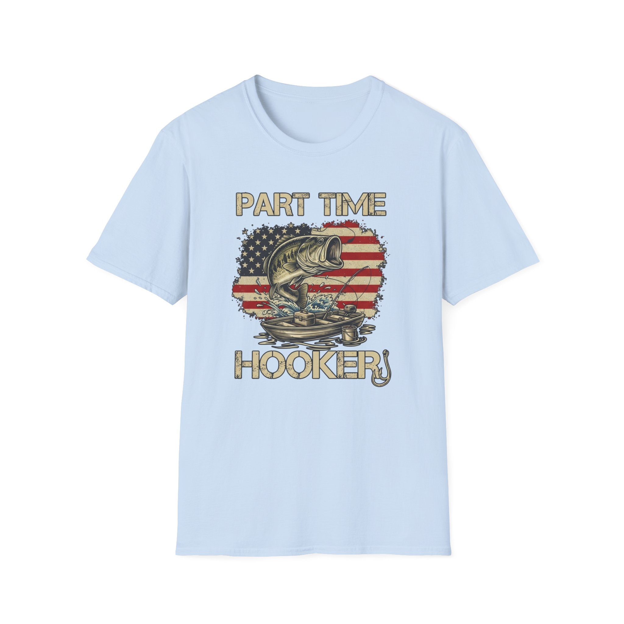 Part Time Hooker fishing shirt | Bass, American flag backdrop