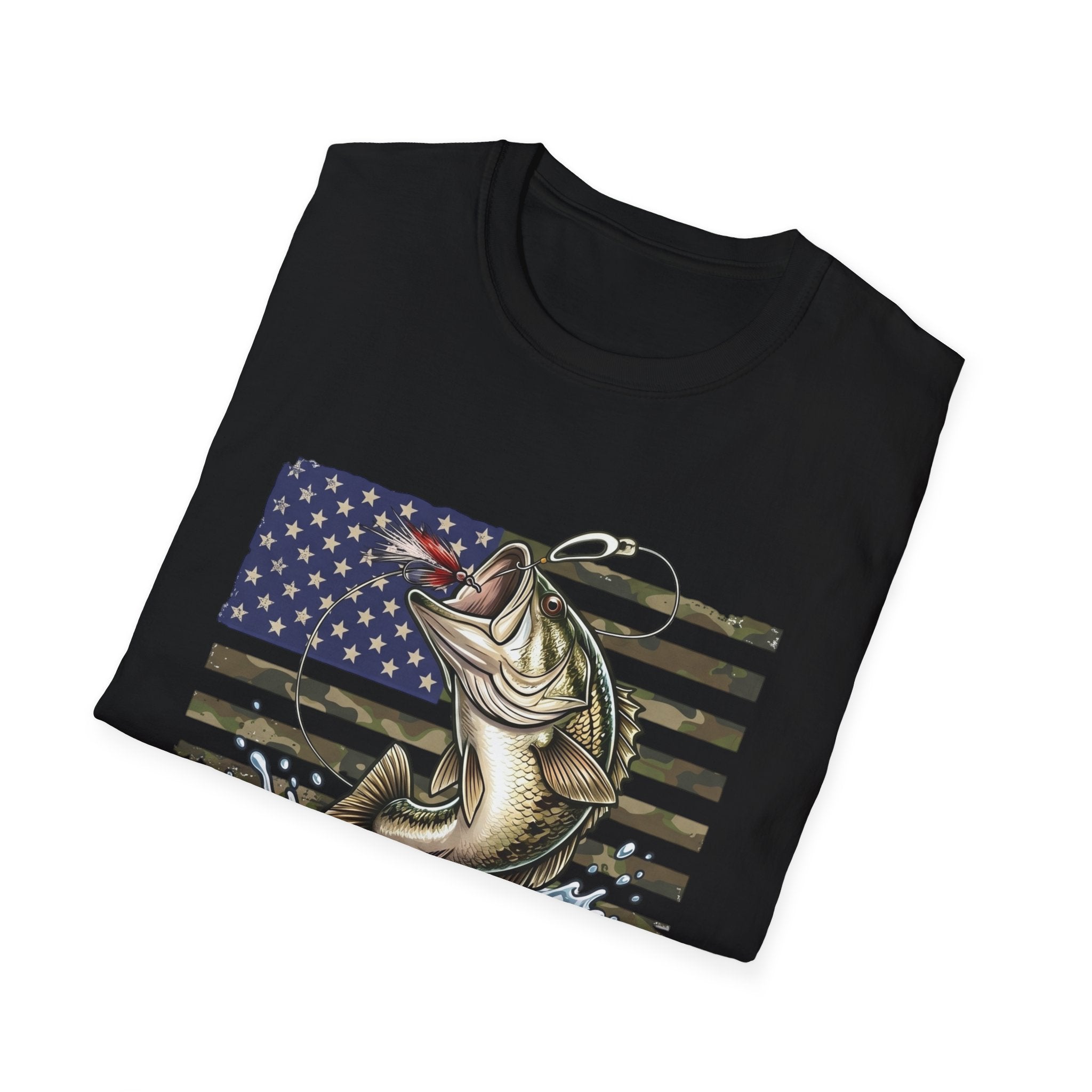 Jumping Bass with American Flag T-Shirt | Fishing Graphic Tee