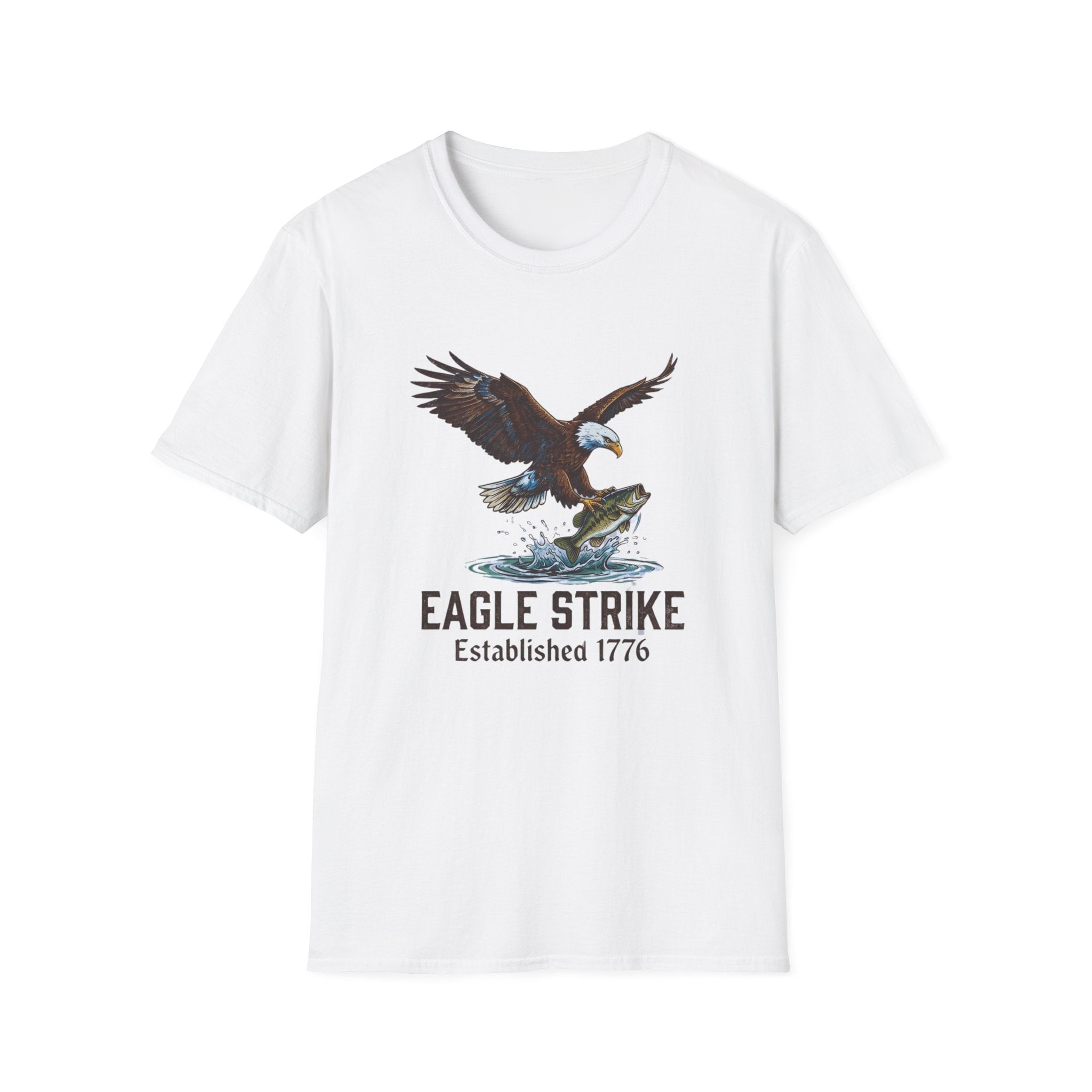 Eagle Strike graphic T-Shirt | Bald Eagle catching fish, Established 1776 design