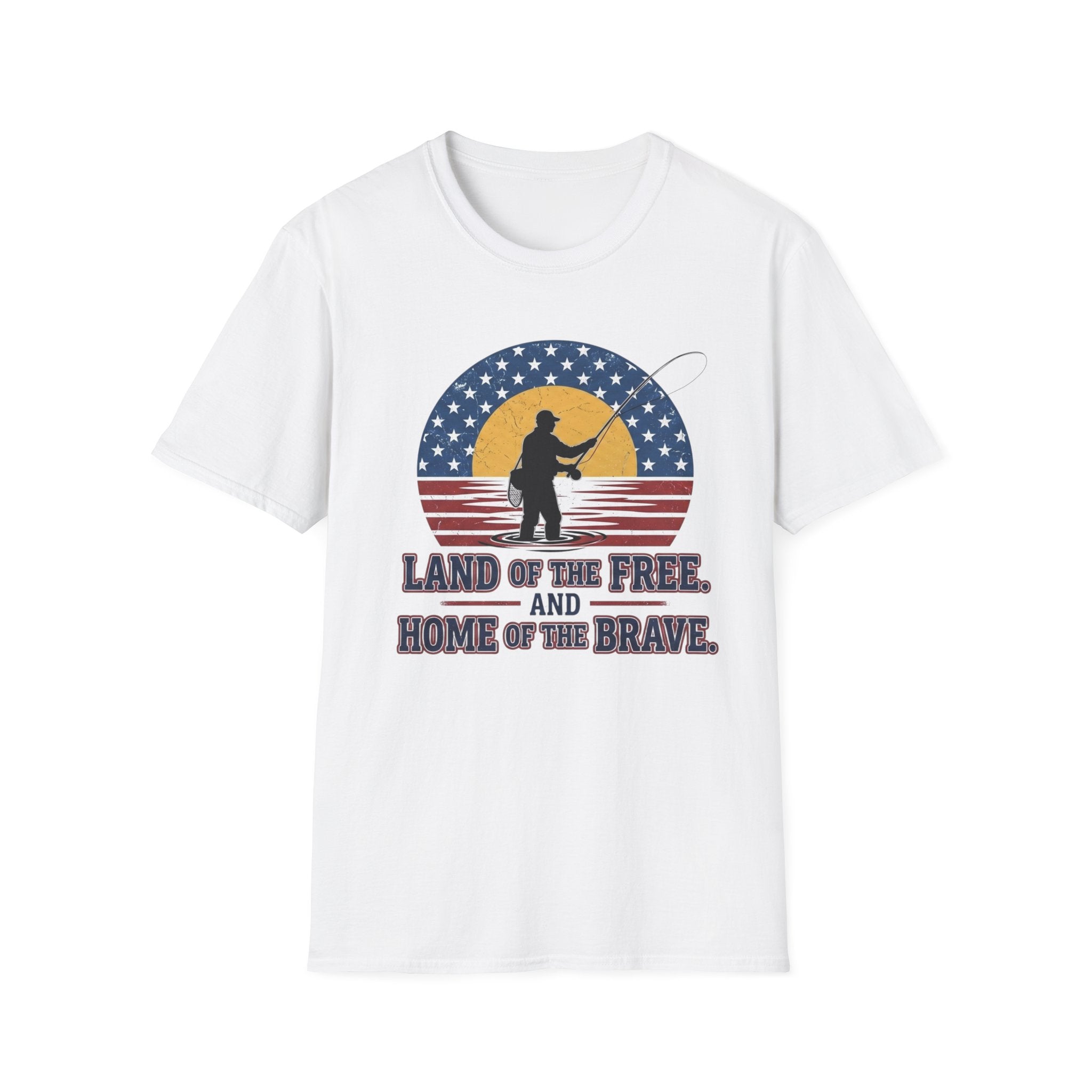 Patriotic Fisherman silhouette Land of the Free T-Shirt | American flag sunset design