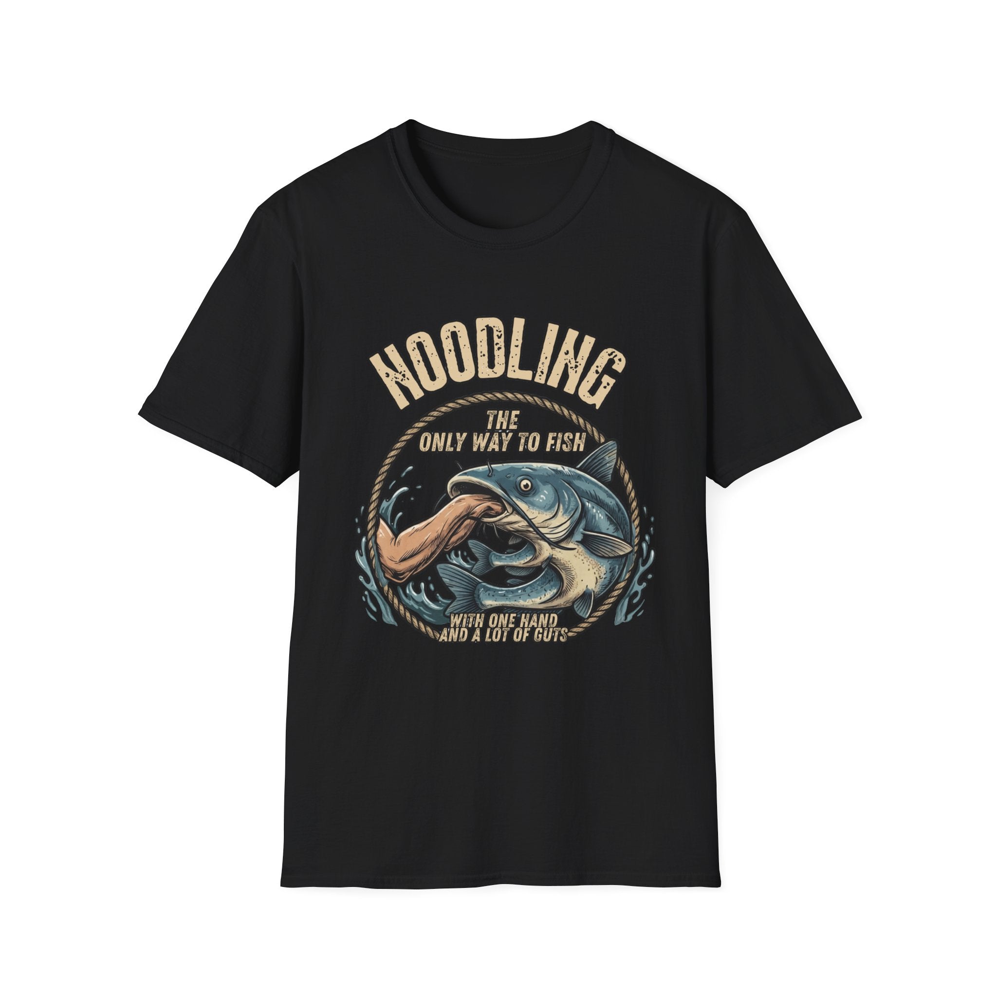 Noodling Catfish Illustration T-Shirt | Fishing Humor Tee, Outdoor Angler Shirt