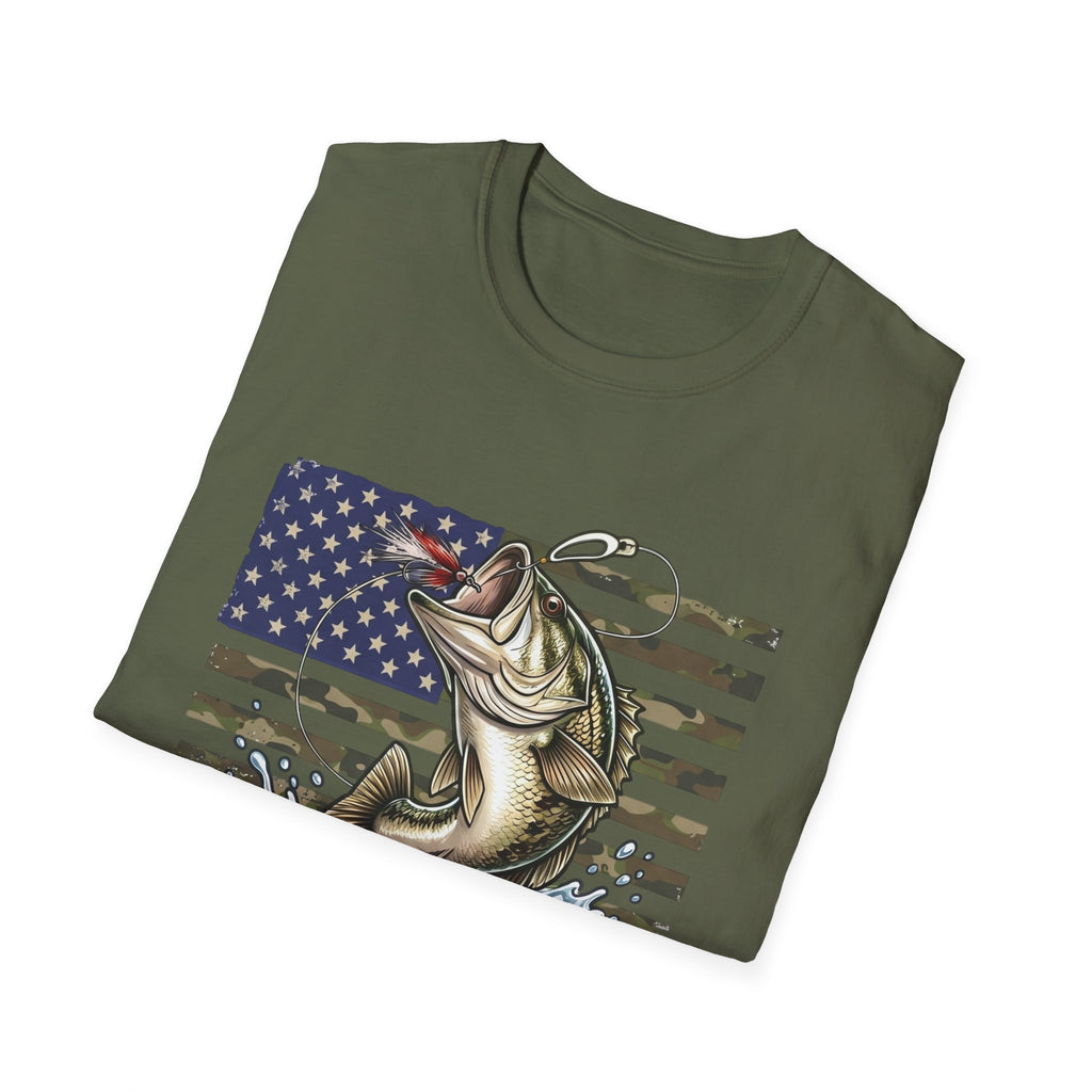 Jumping Bass with American Flag T-Shirt | Fishing Graphic Tee