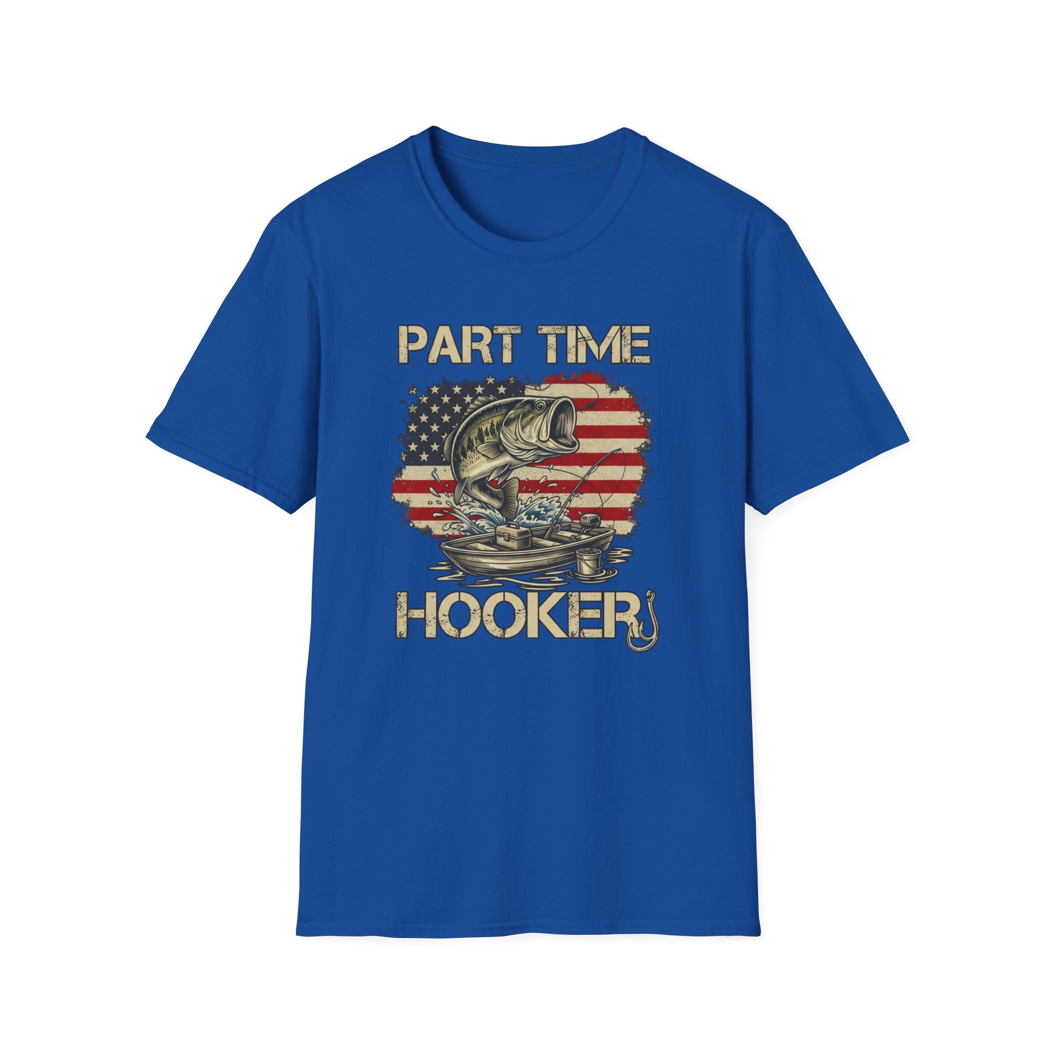 Part Time Hooker fishing shirt | Bass, American flag backdrop