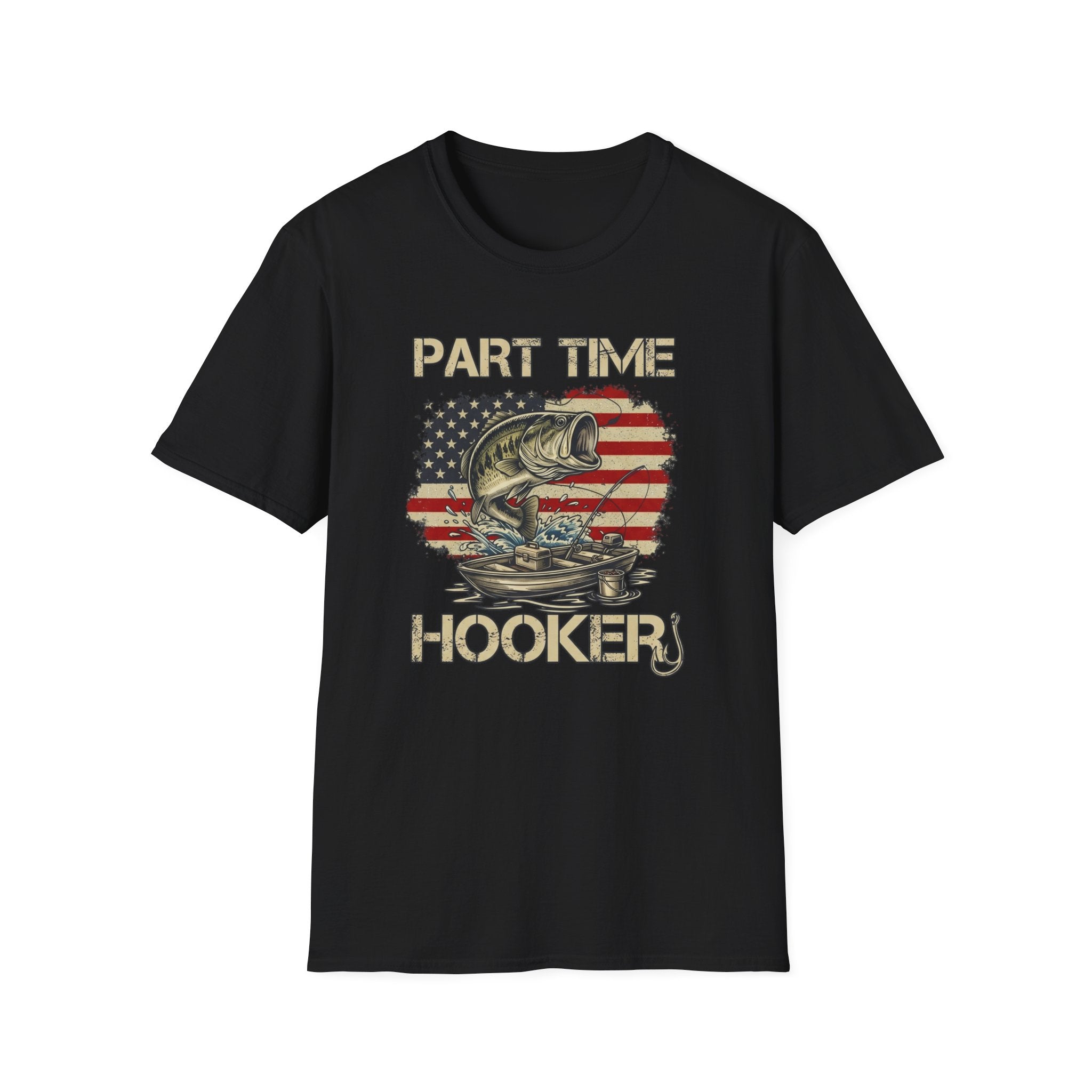 Part Time Hooker fishing shirt | Bass, American flag backdrop