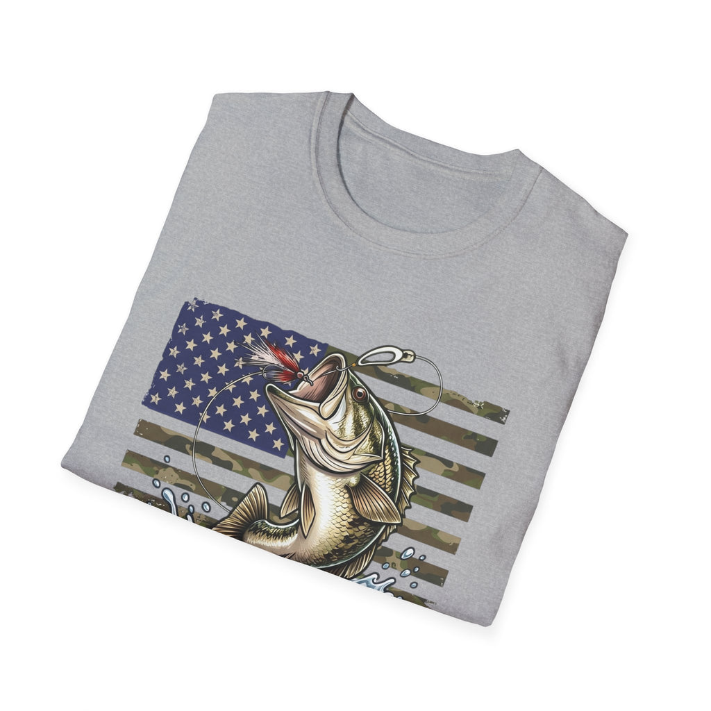 Jumping Bass with American Flag T-Shirt | Fishing Graphic Tee