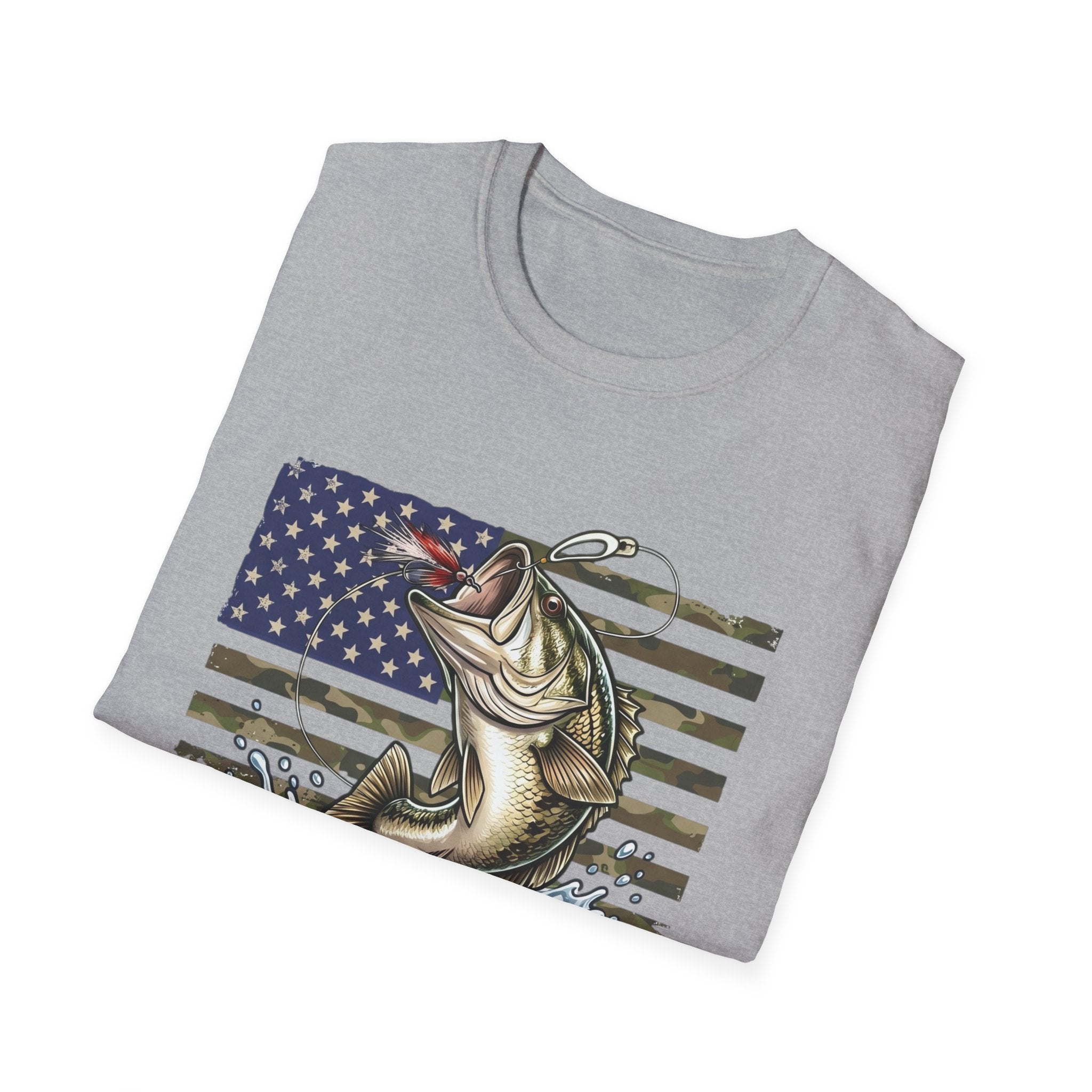 Jumping Bass with American Flag T-Shirt | Fishing Graphic Tee
