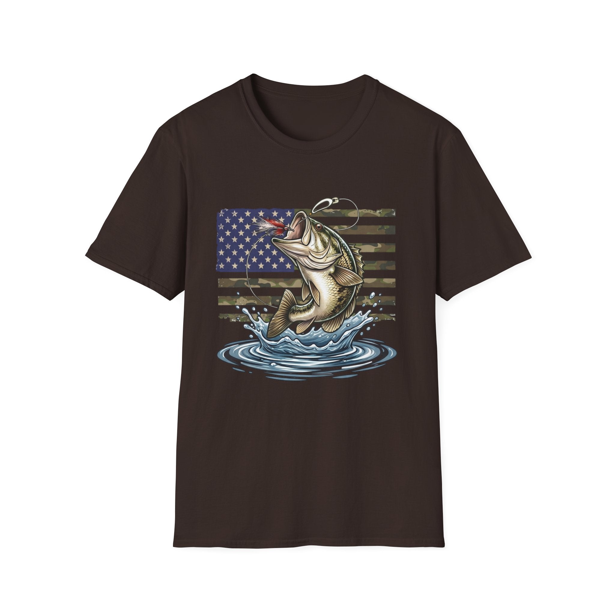 Jumping Bass with American Flag T-Shirt | Fishing Graphic Tee