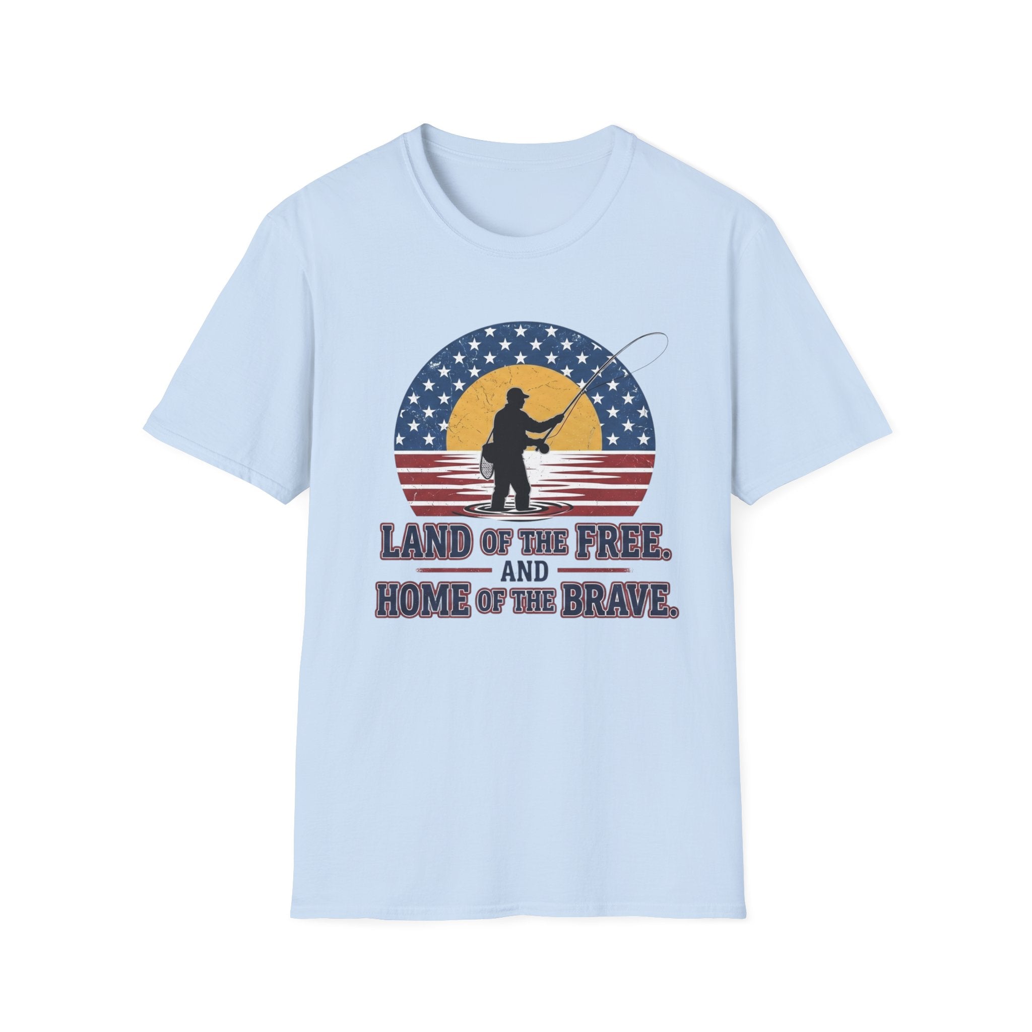 Patriotic Fisherman silhouette Land of the Free T-Shirt | American flag sunset design