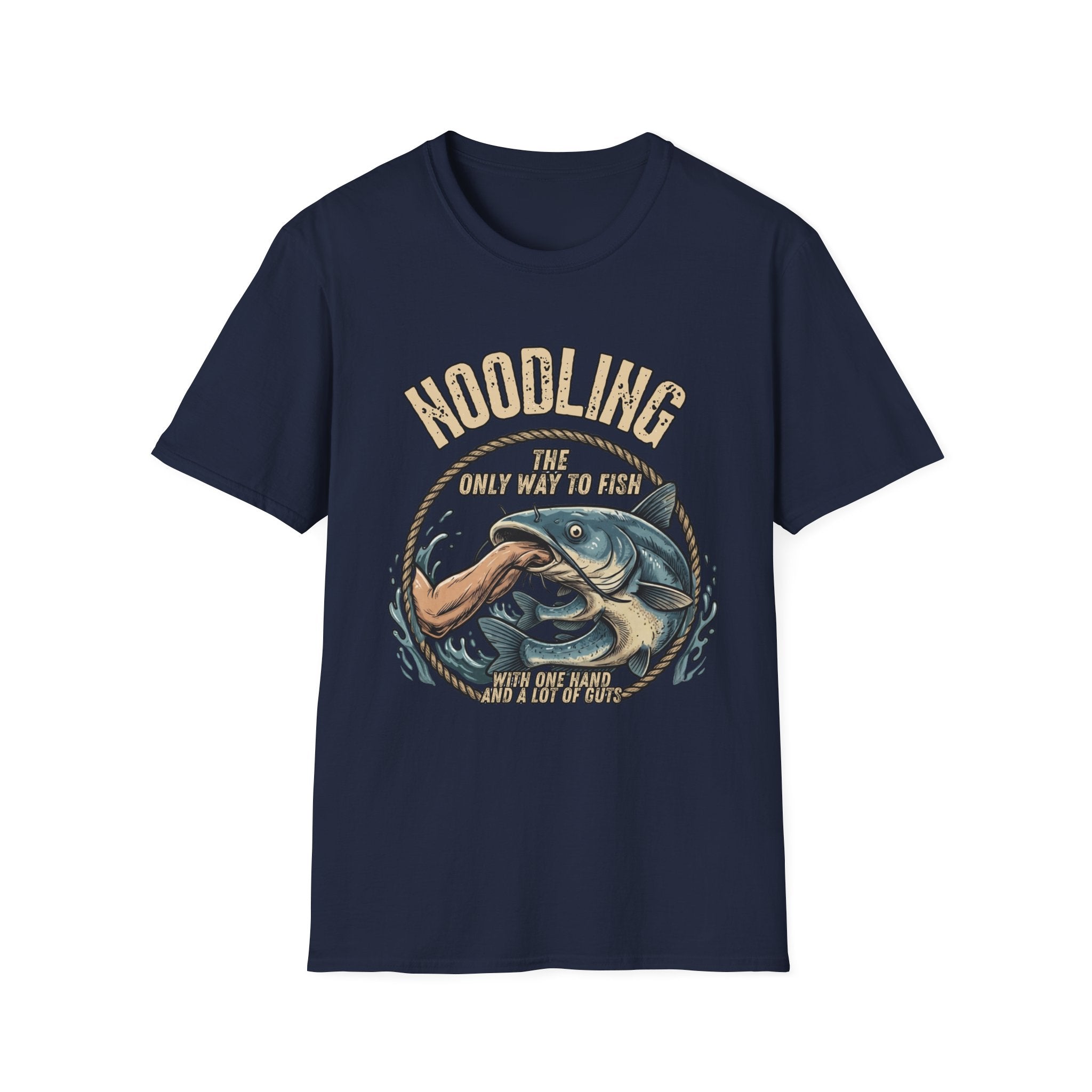 Noodling Catfish Illustration T-Shirt | Fishing Humor Tee, Outdoor Angler Shirt
