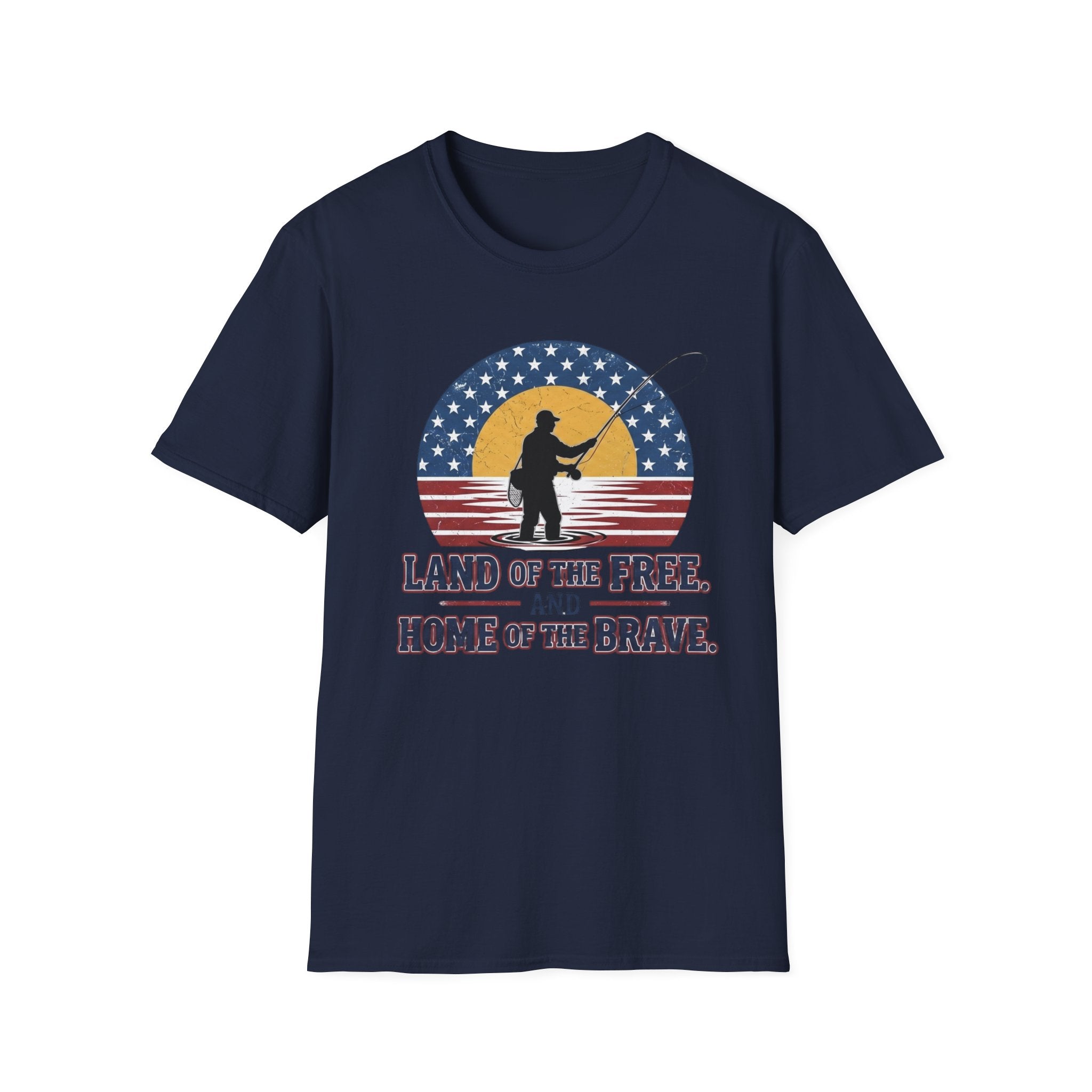Patriotic Fisherman silhouette Land of the Free T-Shirt | American flag sunset design