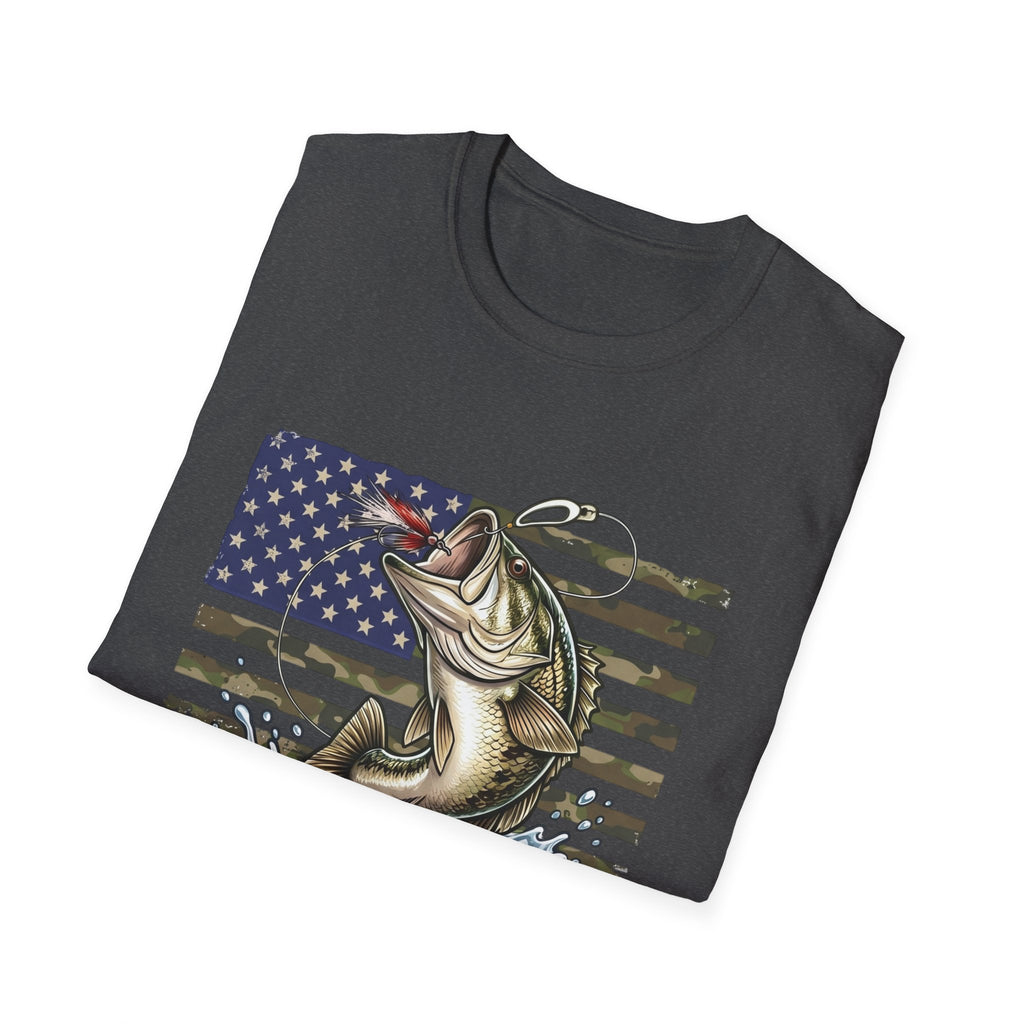 Jumping Bass with American Flag T-Shirt | Fishing Graphic Tee