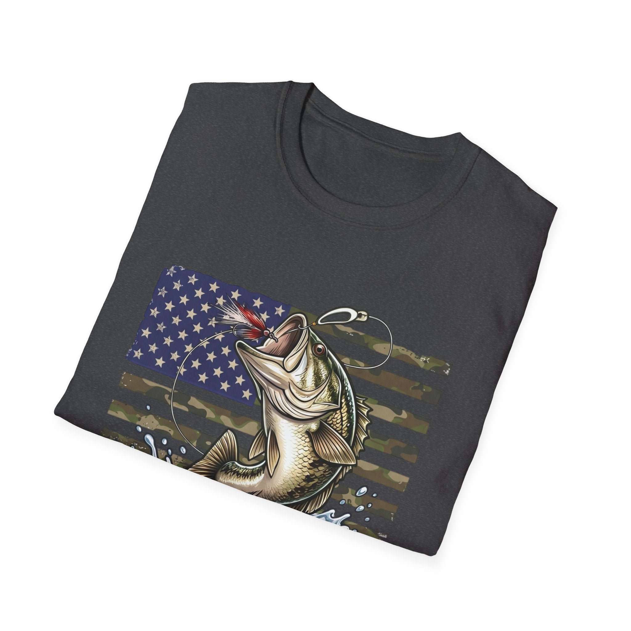 Jumping Bass with American Flag T-Shirt | Fishing Graphic Tee
