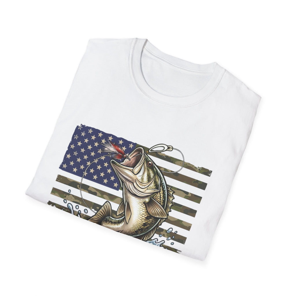 Jumping Bass with American Flag T-Shirt | Fishing Graphic Tee