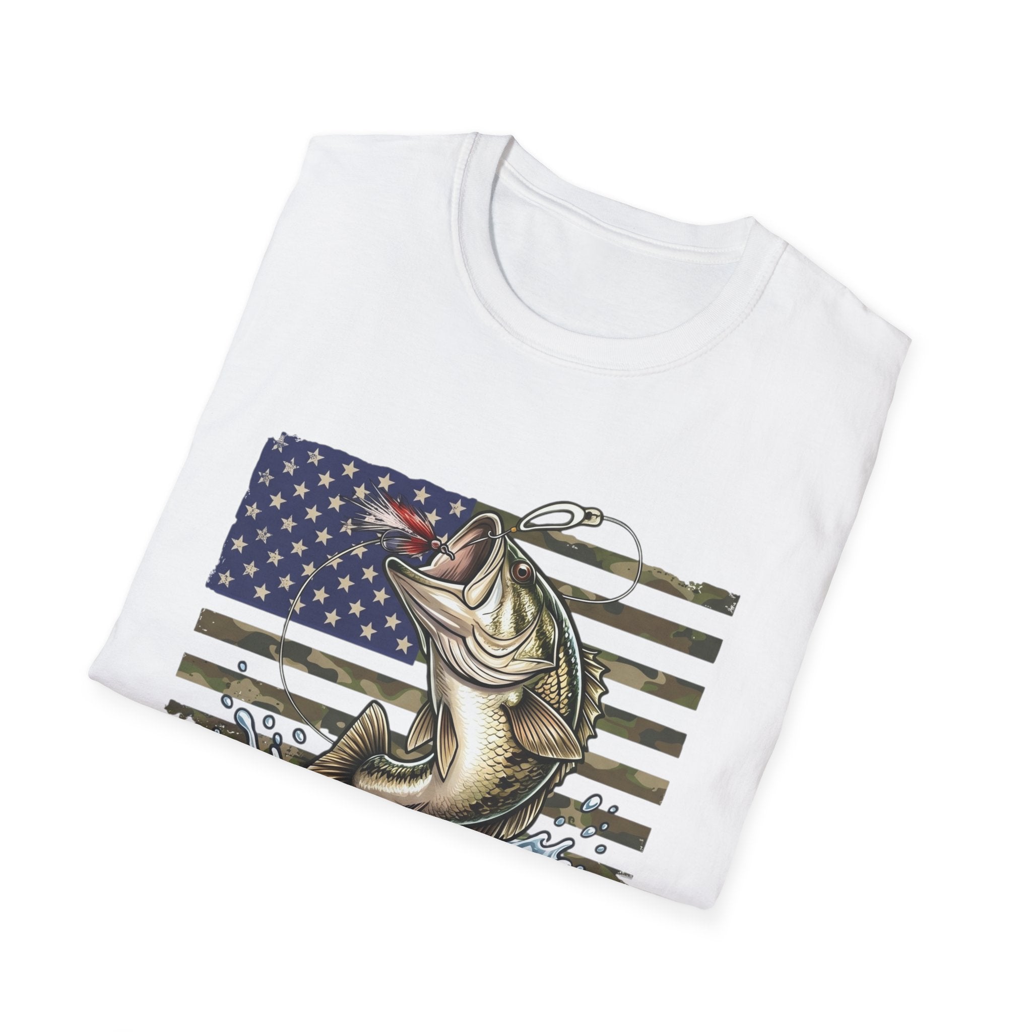 Jumping Bass with American Flag T-Shirt | Fishing Graphic Tee
