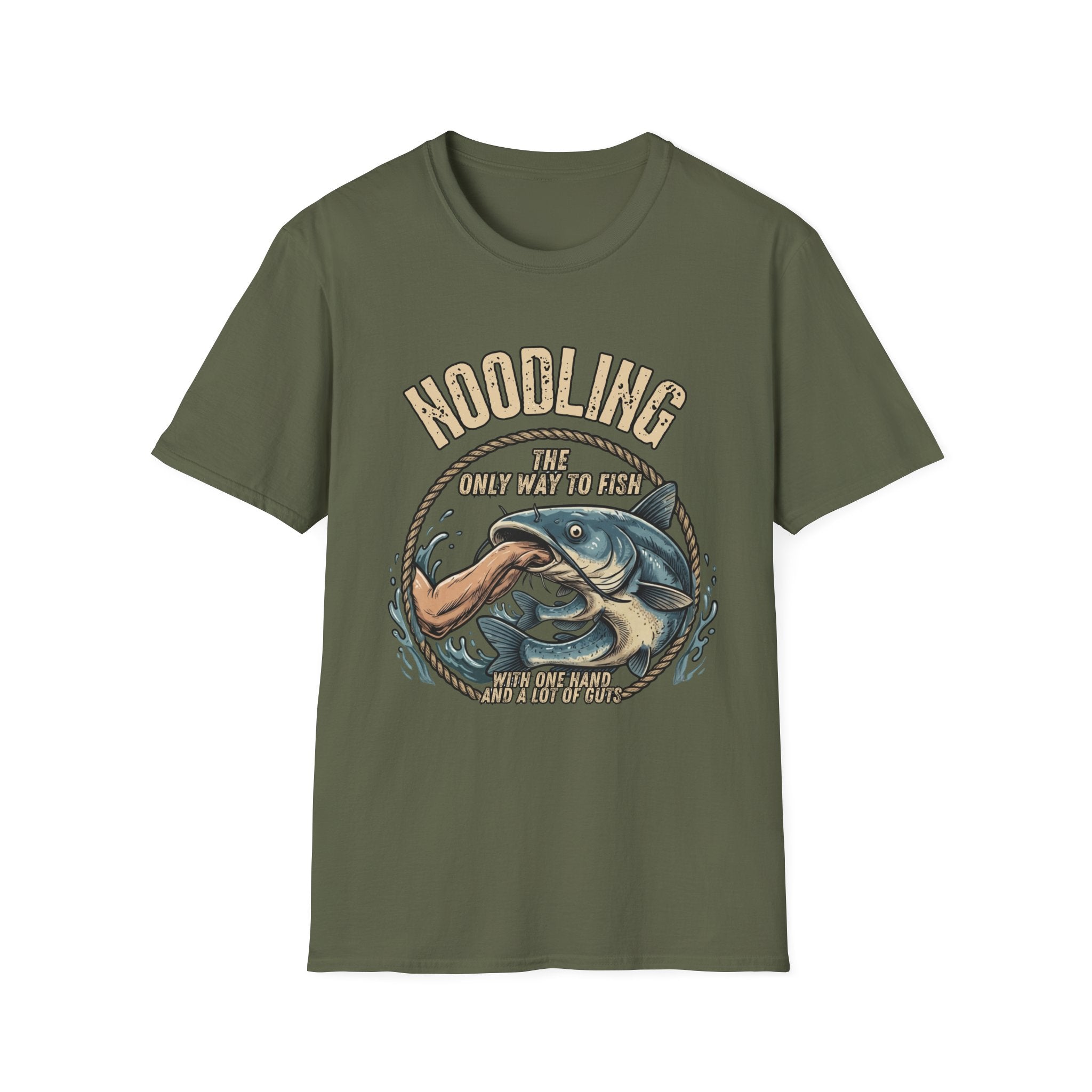 Noodling Catfish Illustration T-Shirt | Fishing Humor Tee, Outdoor Angler Shirt