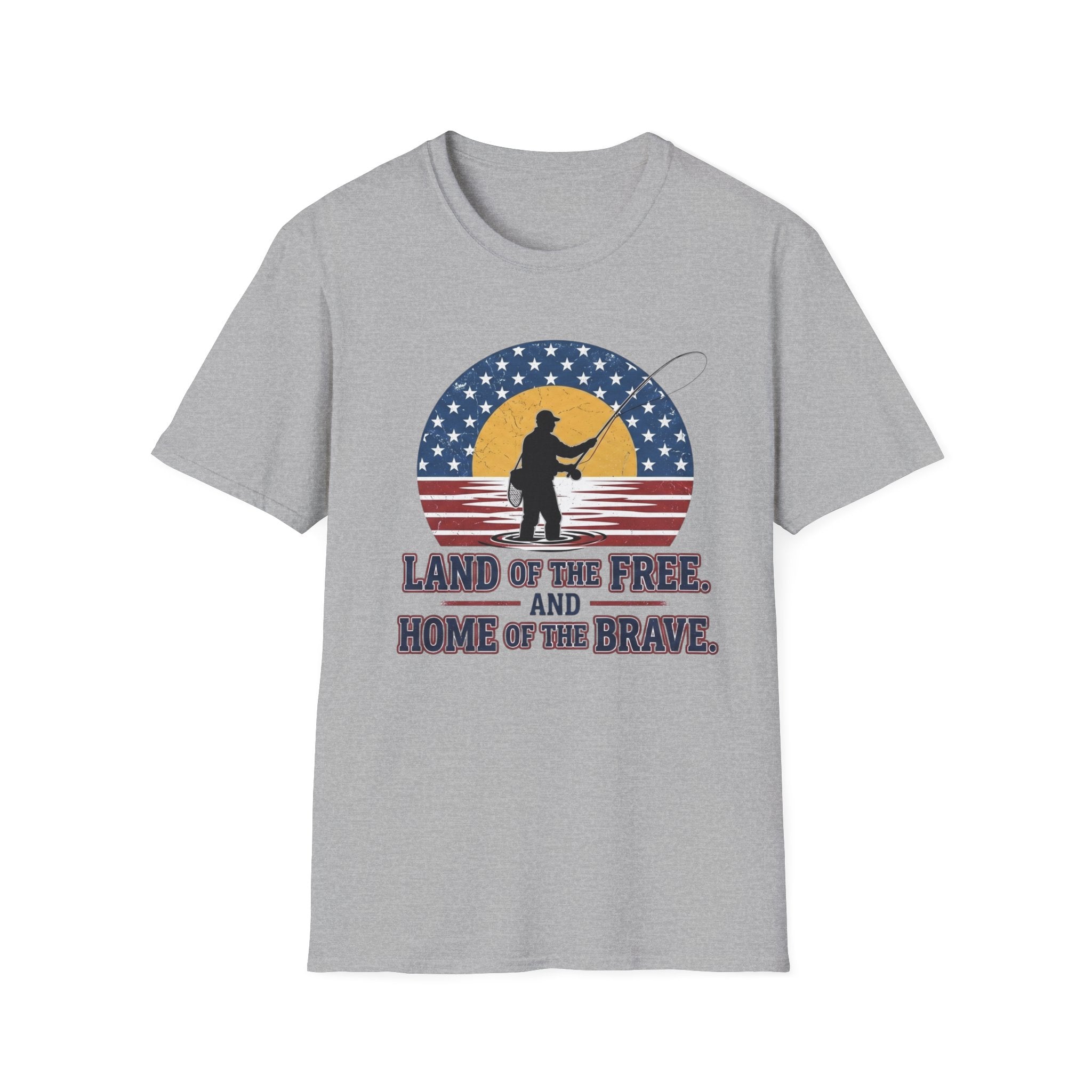 Patriotic Fisherman silhouette Land of the Free T-Shirt | American flag sunset design