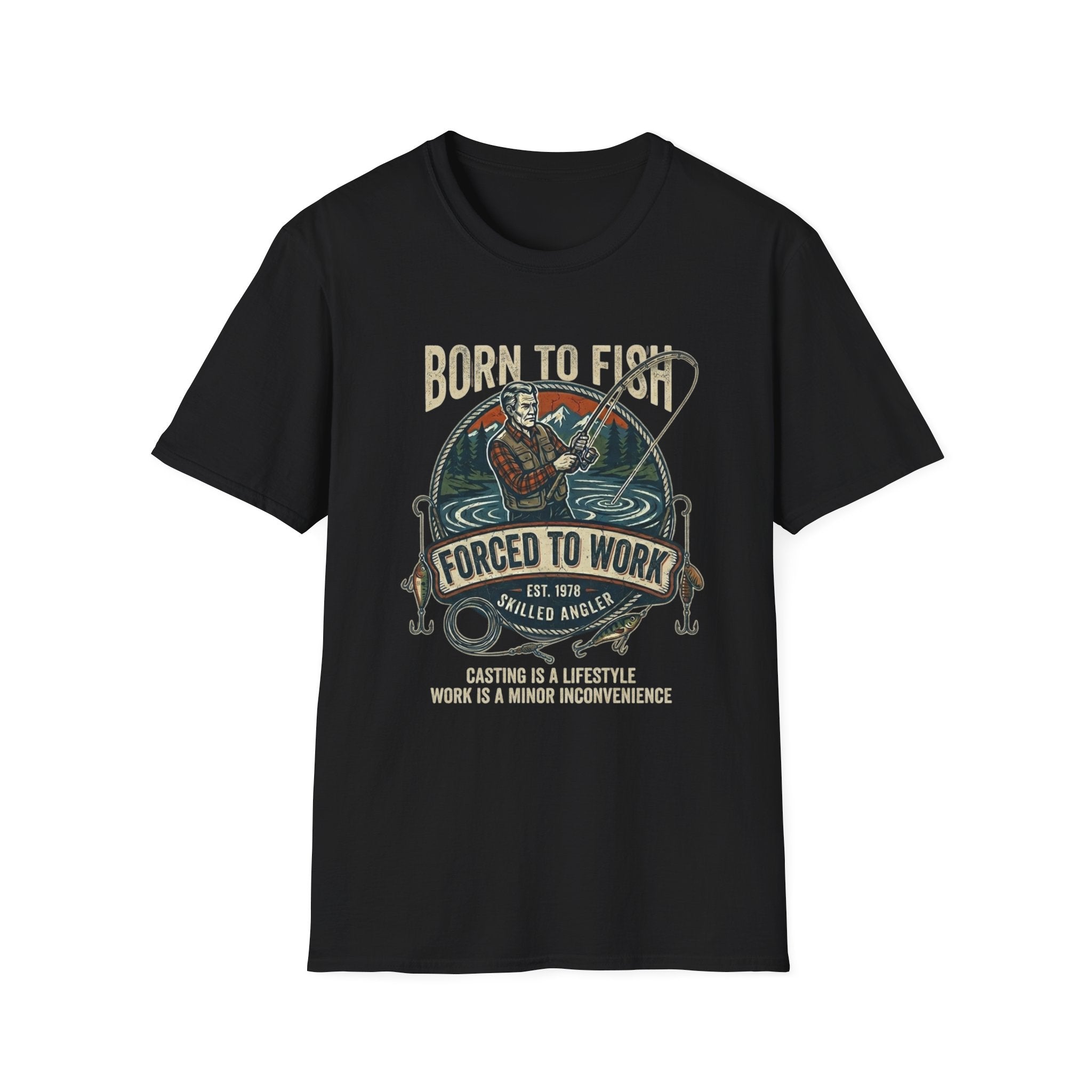 Born to Fish Forced to Work T-Shirt | Fishing Graphic Tee, Angler Humor
