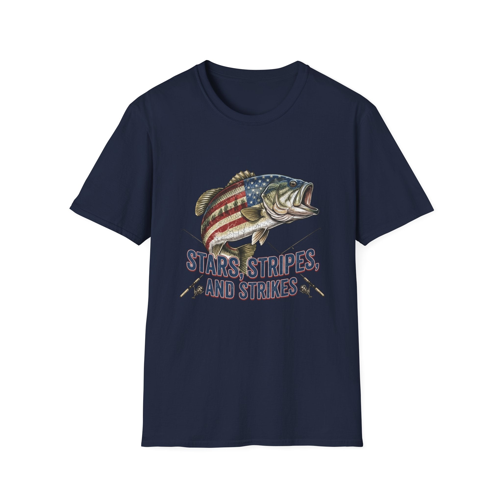 Patriotic Bass Fish Stars Stripes And Strikes T-Shirt | American Fishing Tee