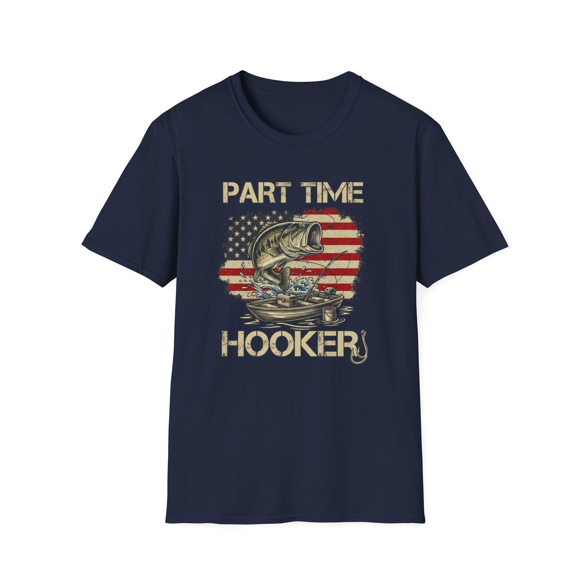 Part Time Hooker fishing shirt | Bass, American flag backdrop