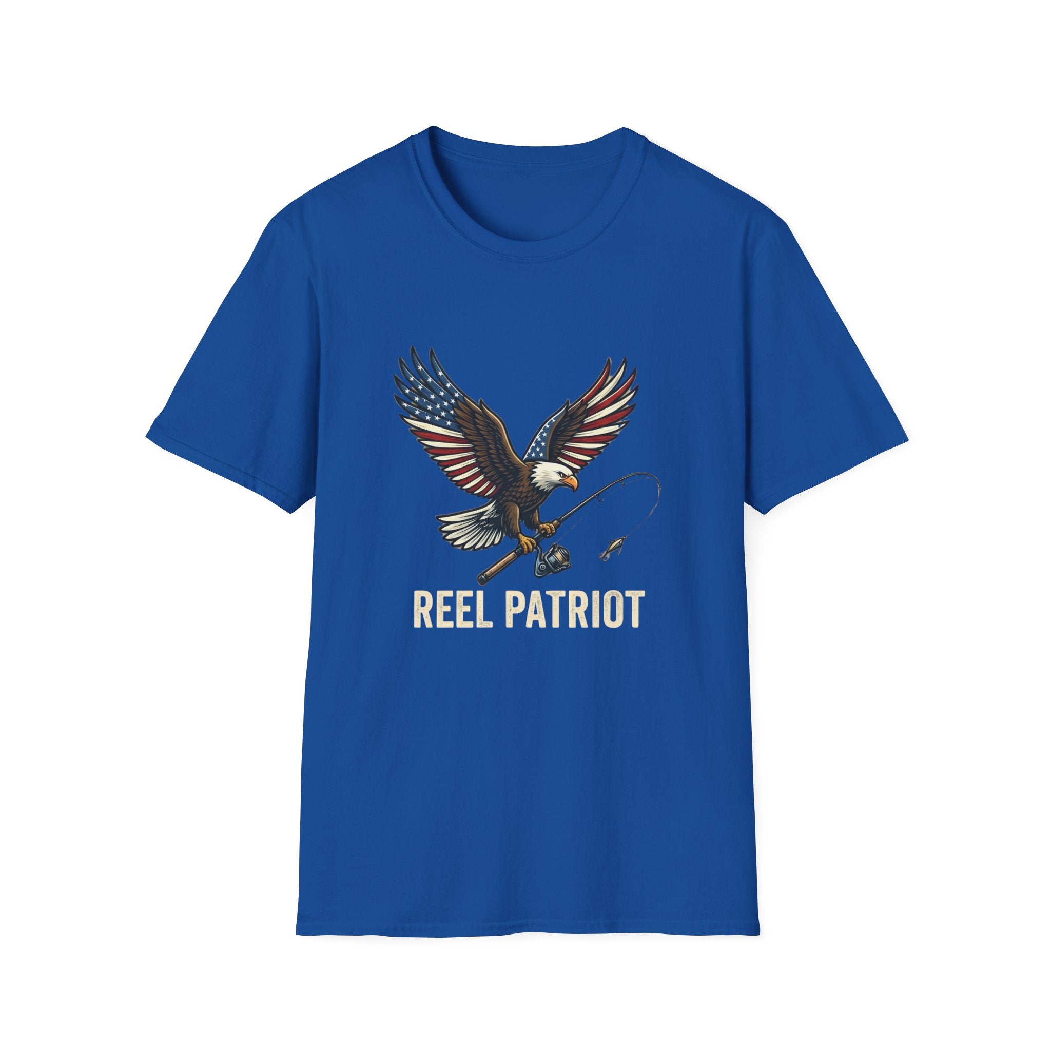 Reel Patriot eagle fishing T-Shirt | American flag wings, fishing rod