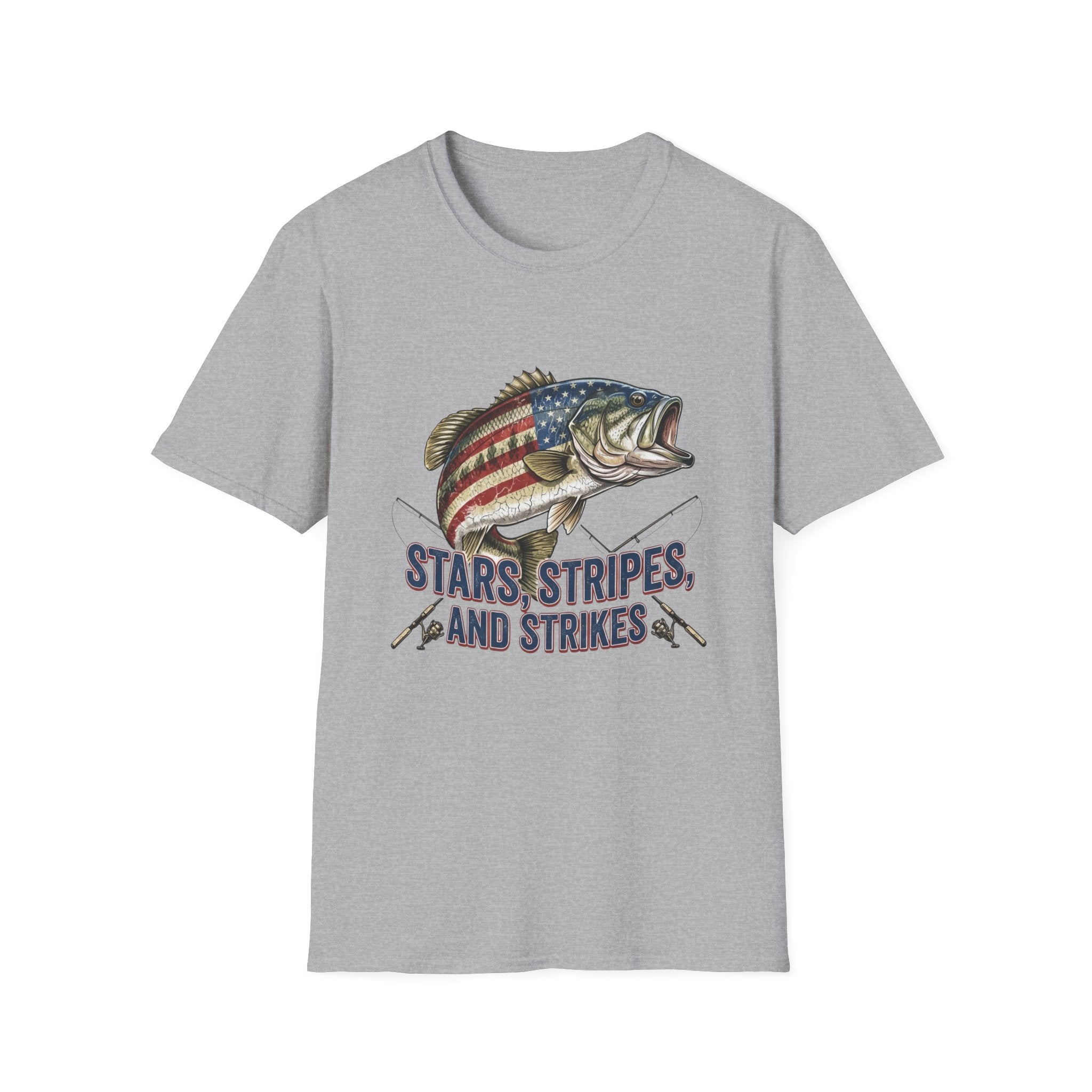 Patriotic Bass Fish Stars Stripes And Strikes T-Shirt | American Fishing Tee