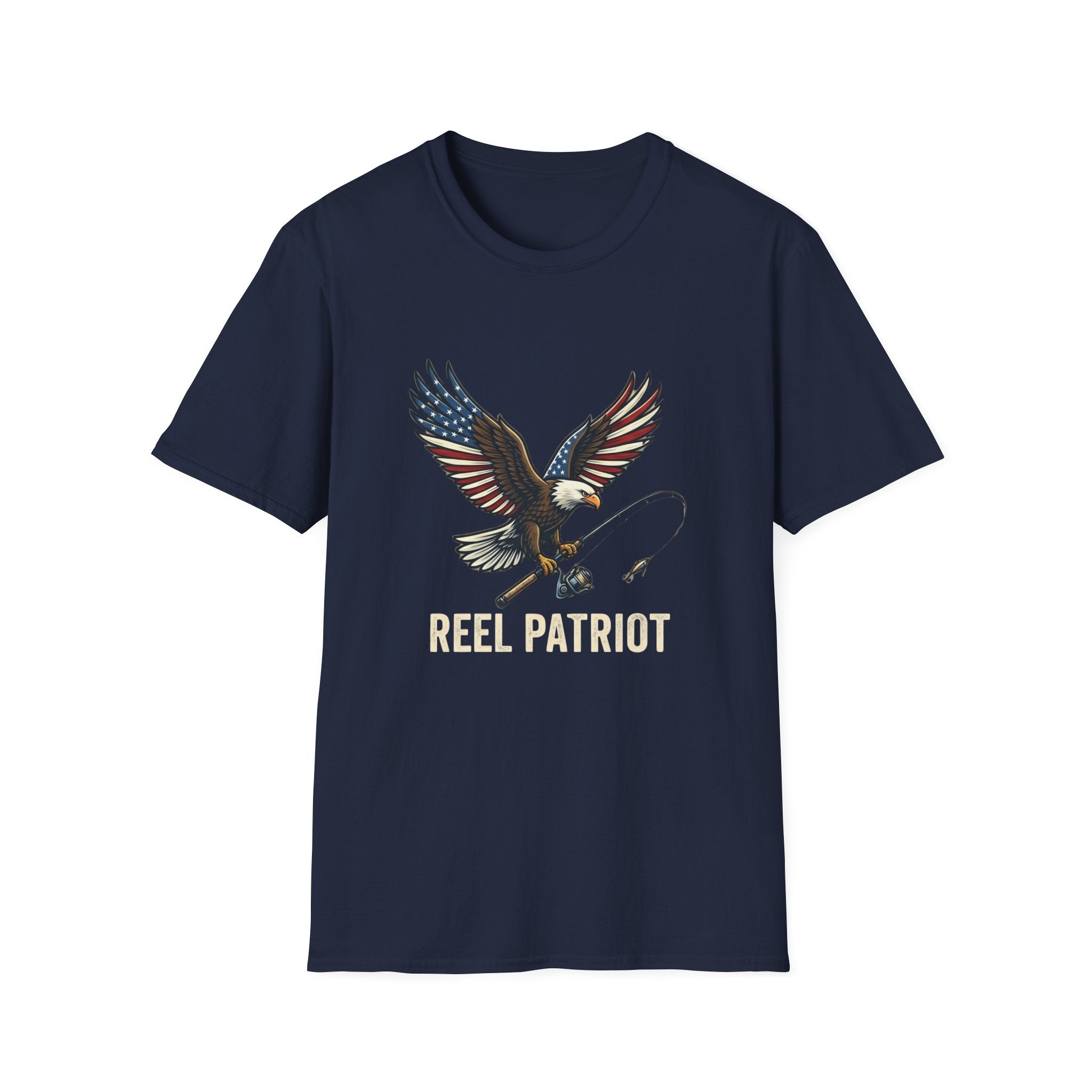 Reel Patriot eagle fishing T-Shirt | American flag wings, fishing rod