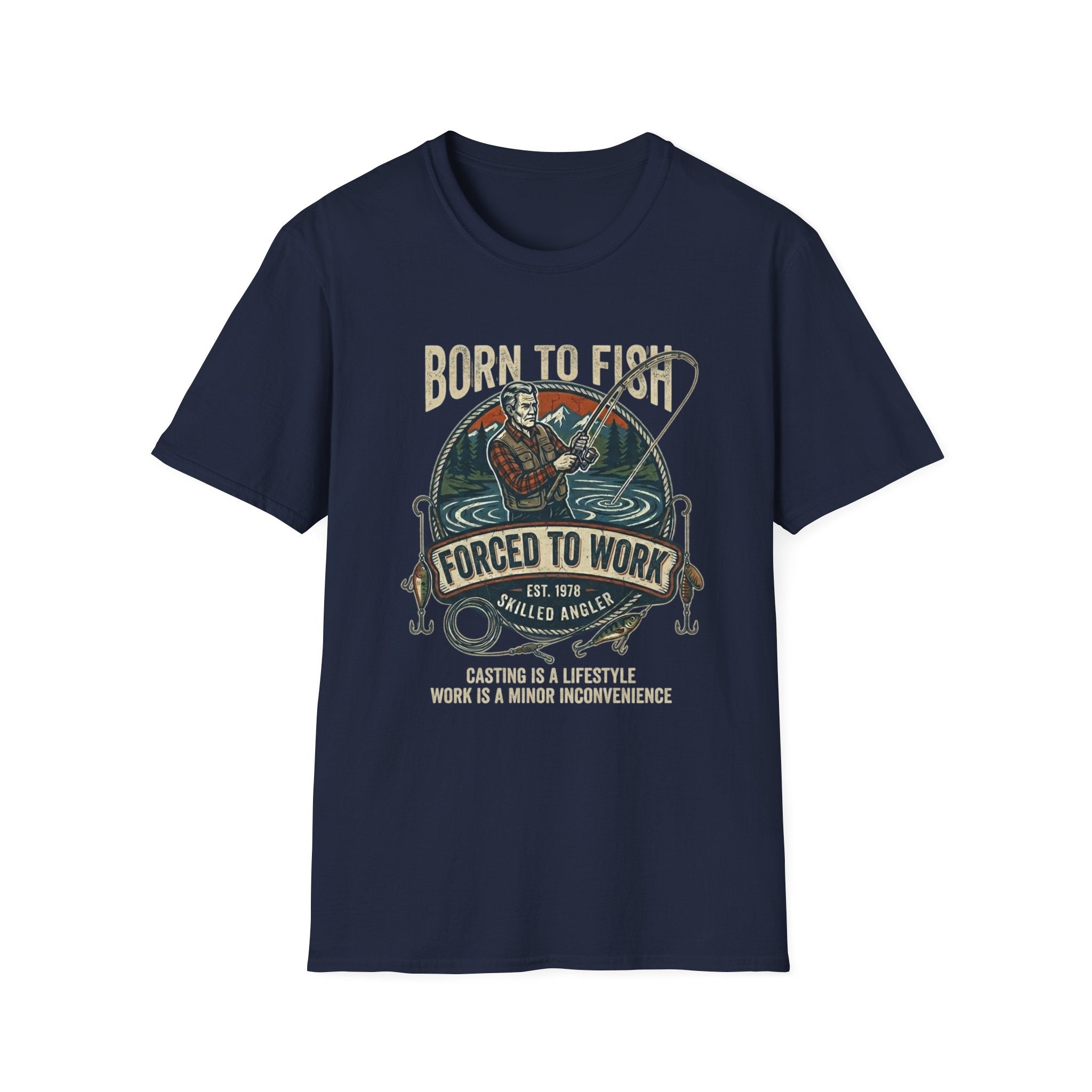 Born to Fish Forced to Work T-Shirt | Fishing Graphic Tee, Angler Humor