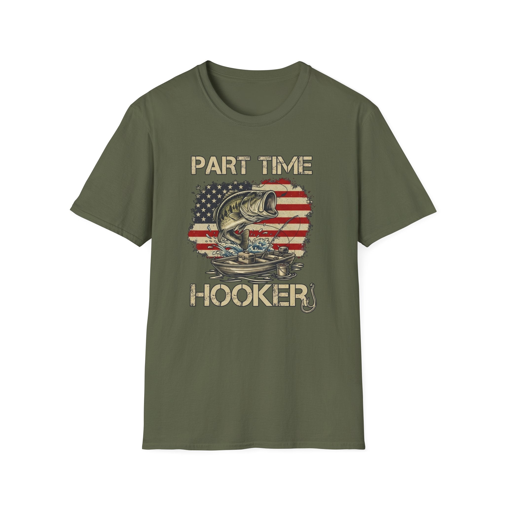 Part Time Hooker fishing shirt | Bass, American flag backdrop